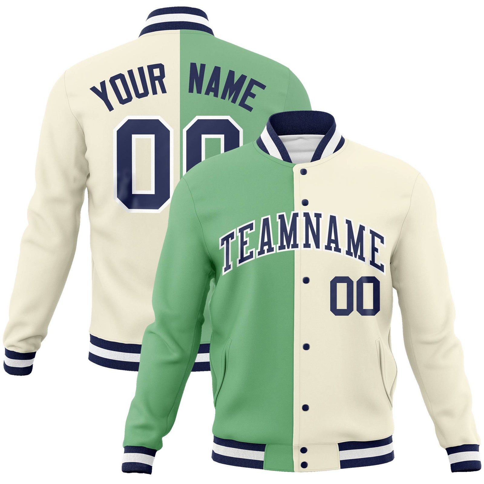 Custom Green Cream Navy Bomber Full-Snap Varsity Letterman Split Fashion Jacket