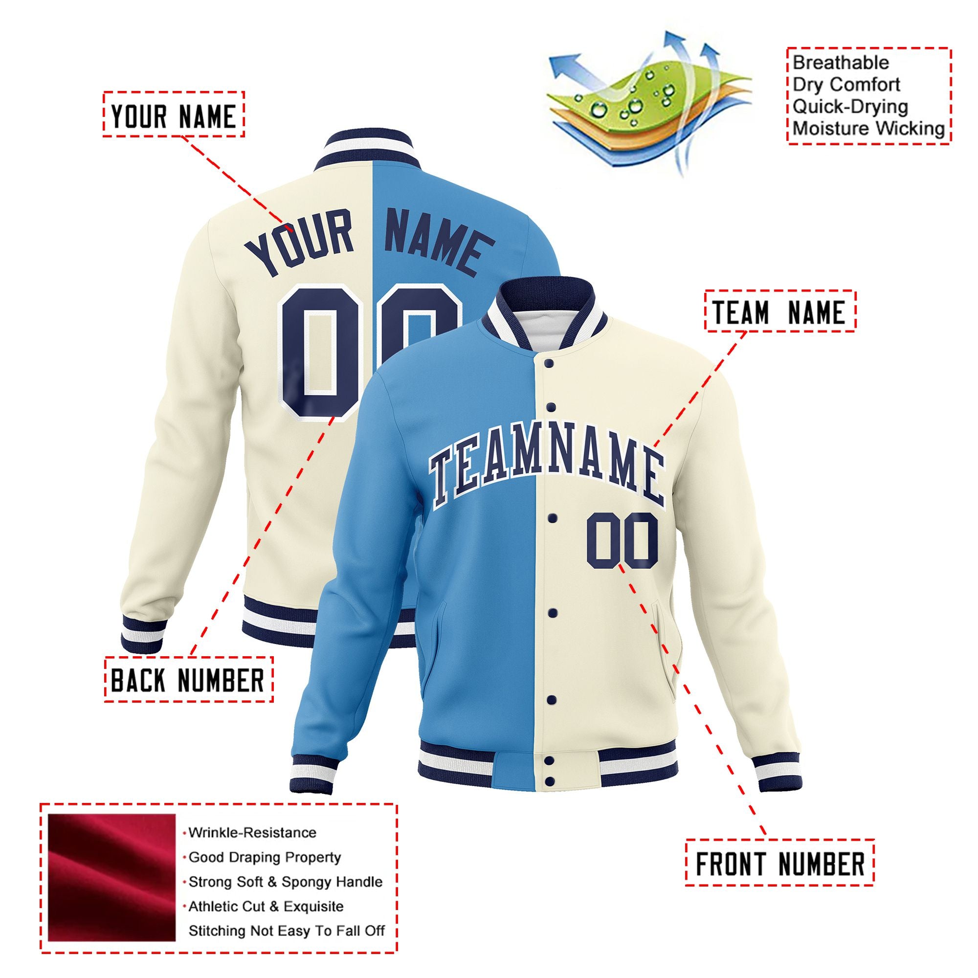 Custom Light-Blue Cream Navy Bomber Full-Snap Varsity Letterman Split Fashion Jacket