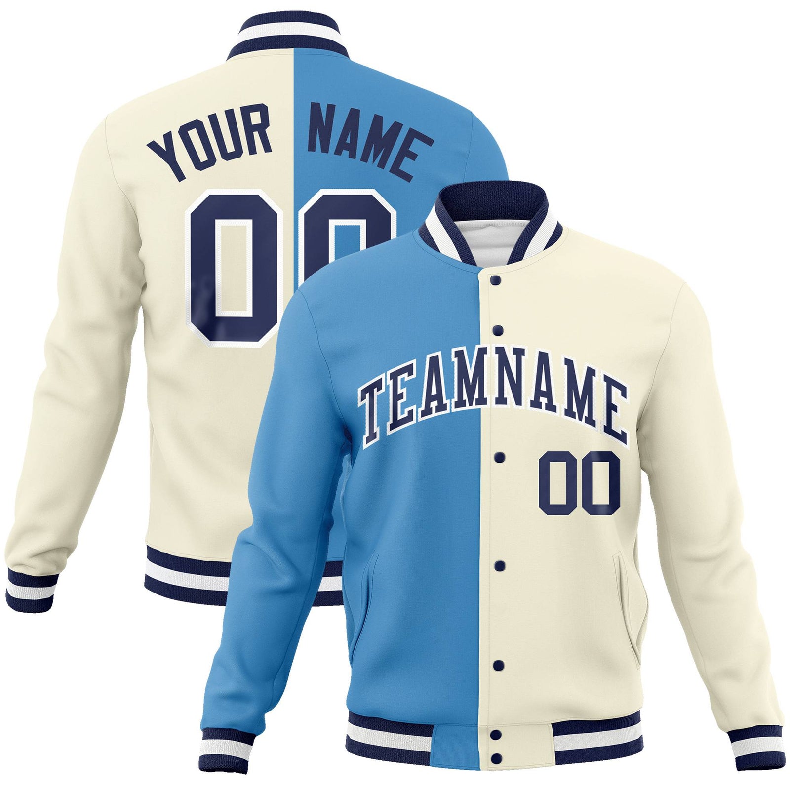 Custom Light-Blue Cream Navy Bomber Full-Snap Varsity Letterman Split Fashion Jacket