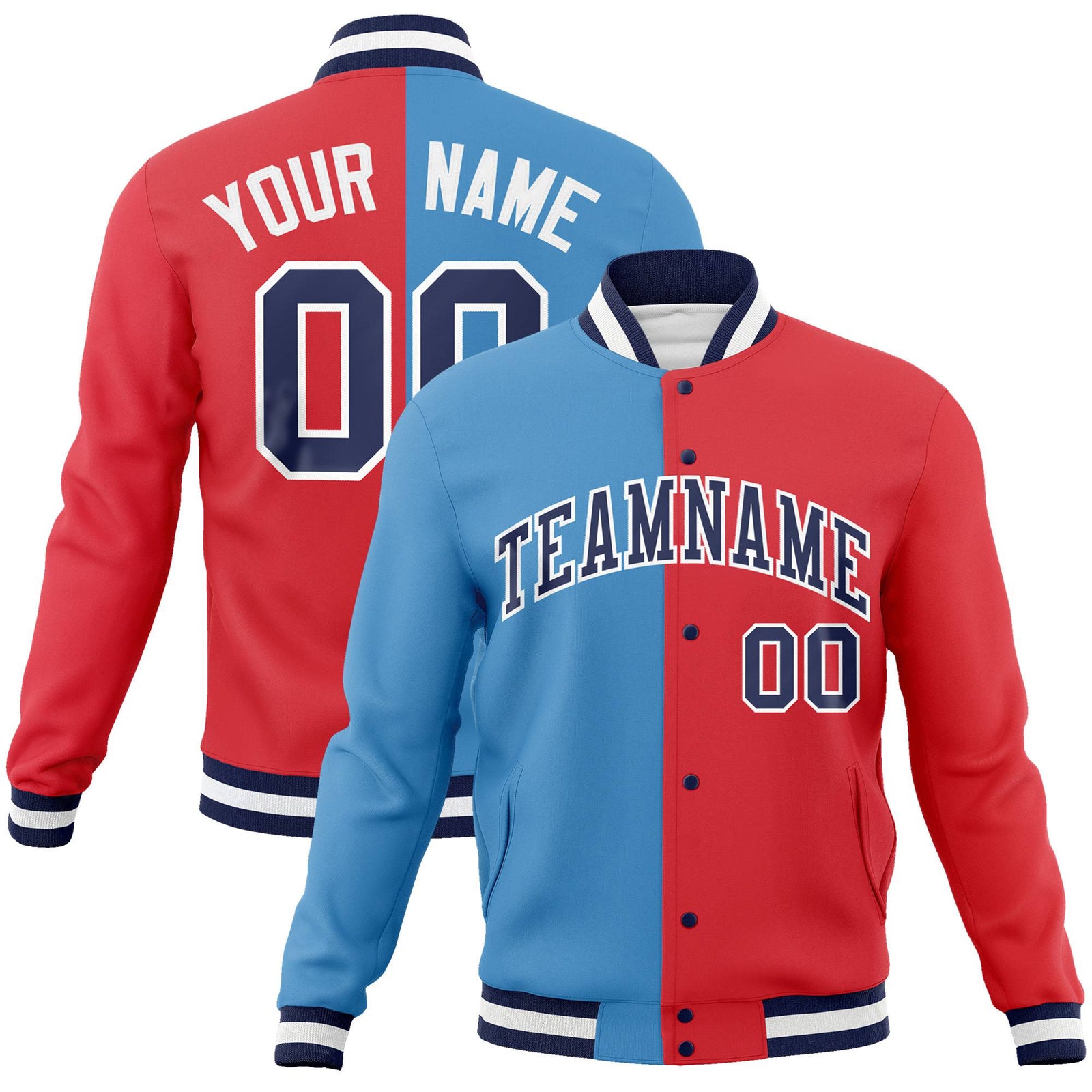 Custom Light-Blue Red Navy Bomber Full-Snap Varsity Letterman Split Fashion Jacket