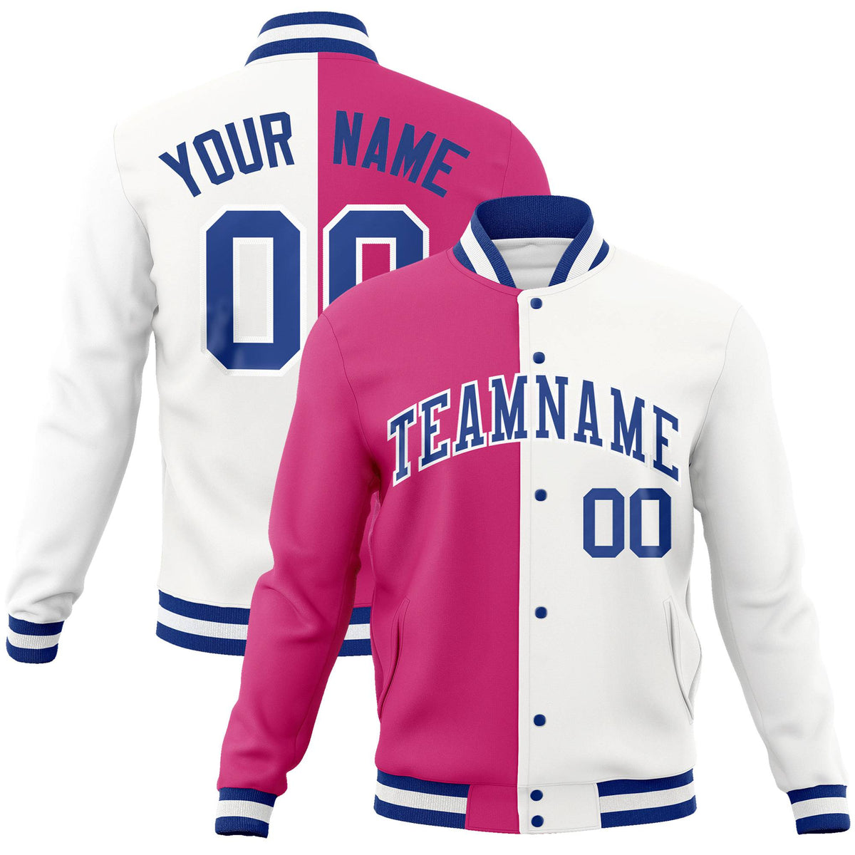 Custom Pink White Navy Bomber Full-Snap Varsity Letterman Split Fashion Jacket