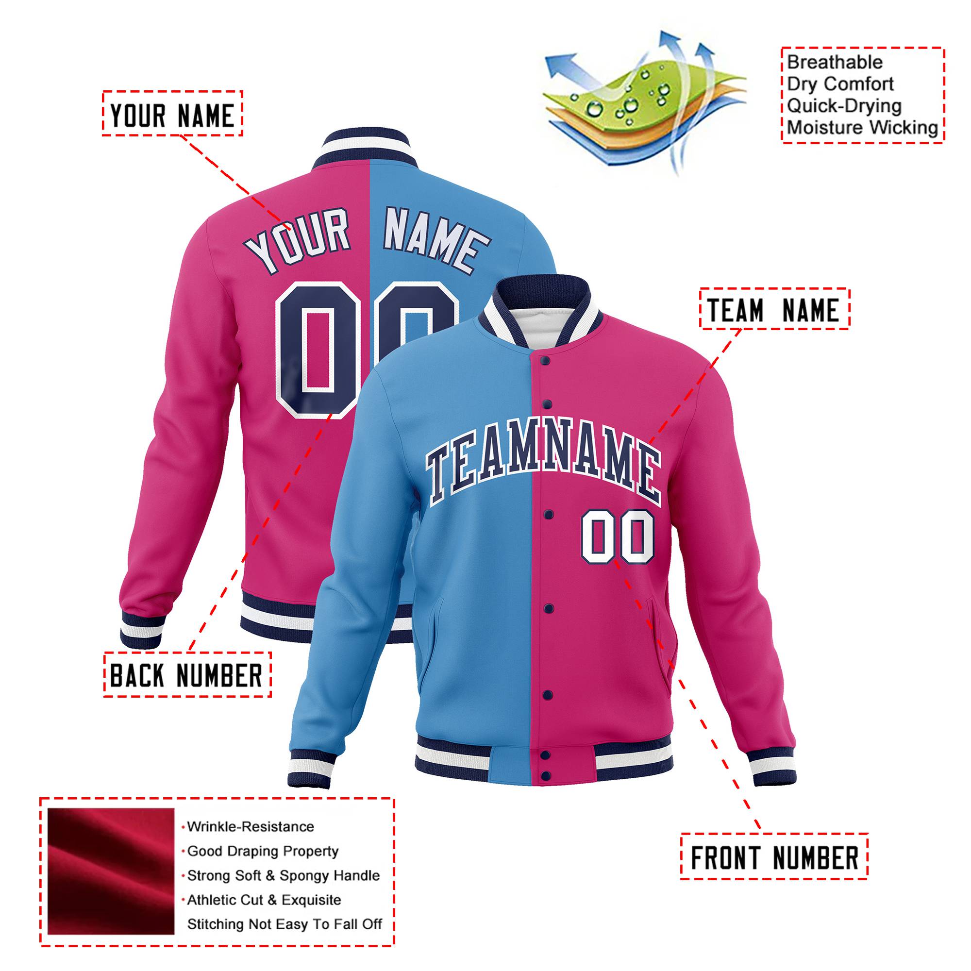 Custom Light-Blue Pink Navy Bomber Full-Snap Varsity Letterman Split Fashion Jacket