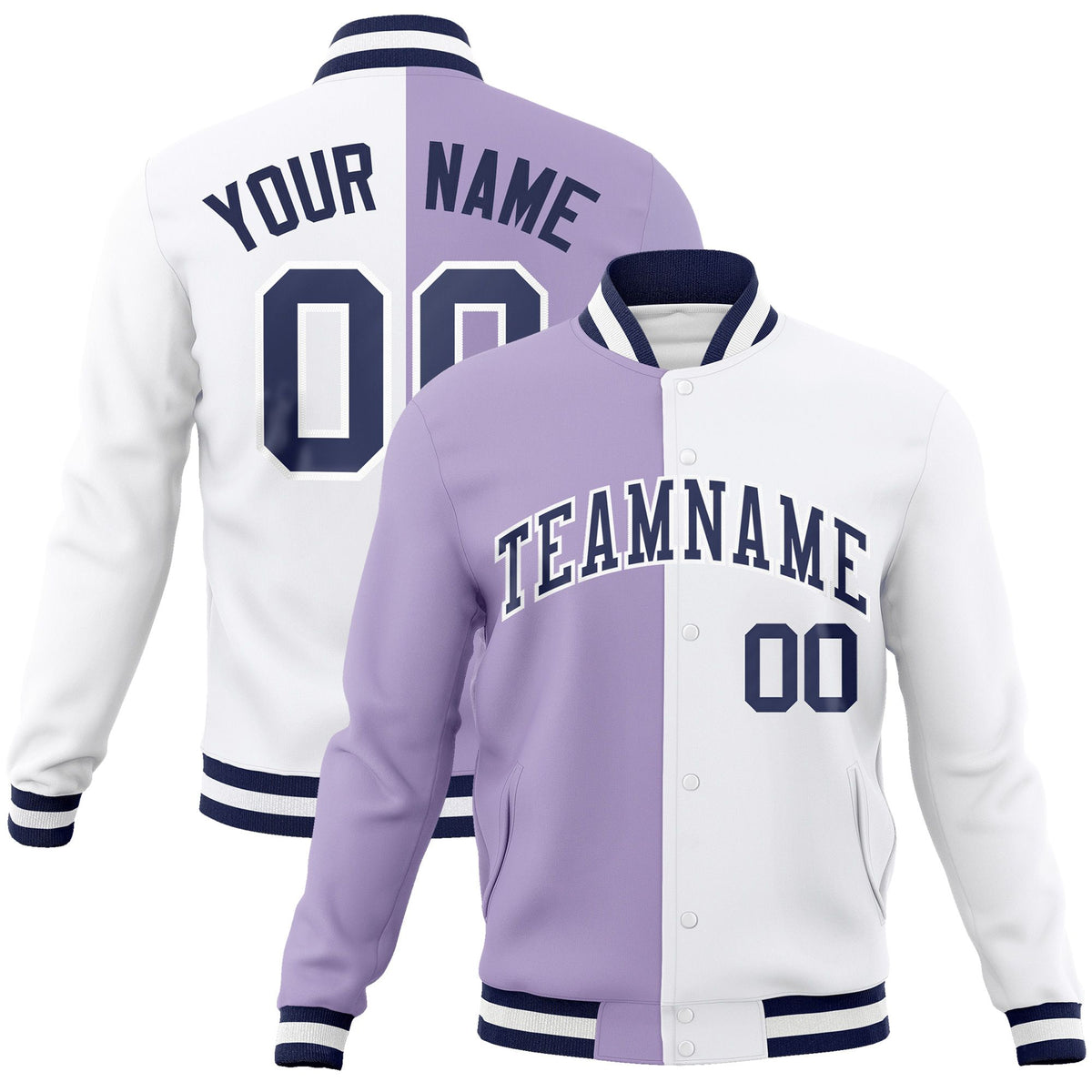 Custom Light-Purple White Bomber Full-Snap Varsity Letterman Split Fashion Jacket