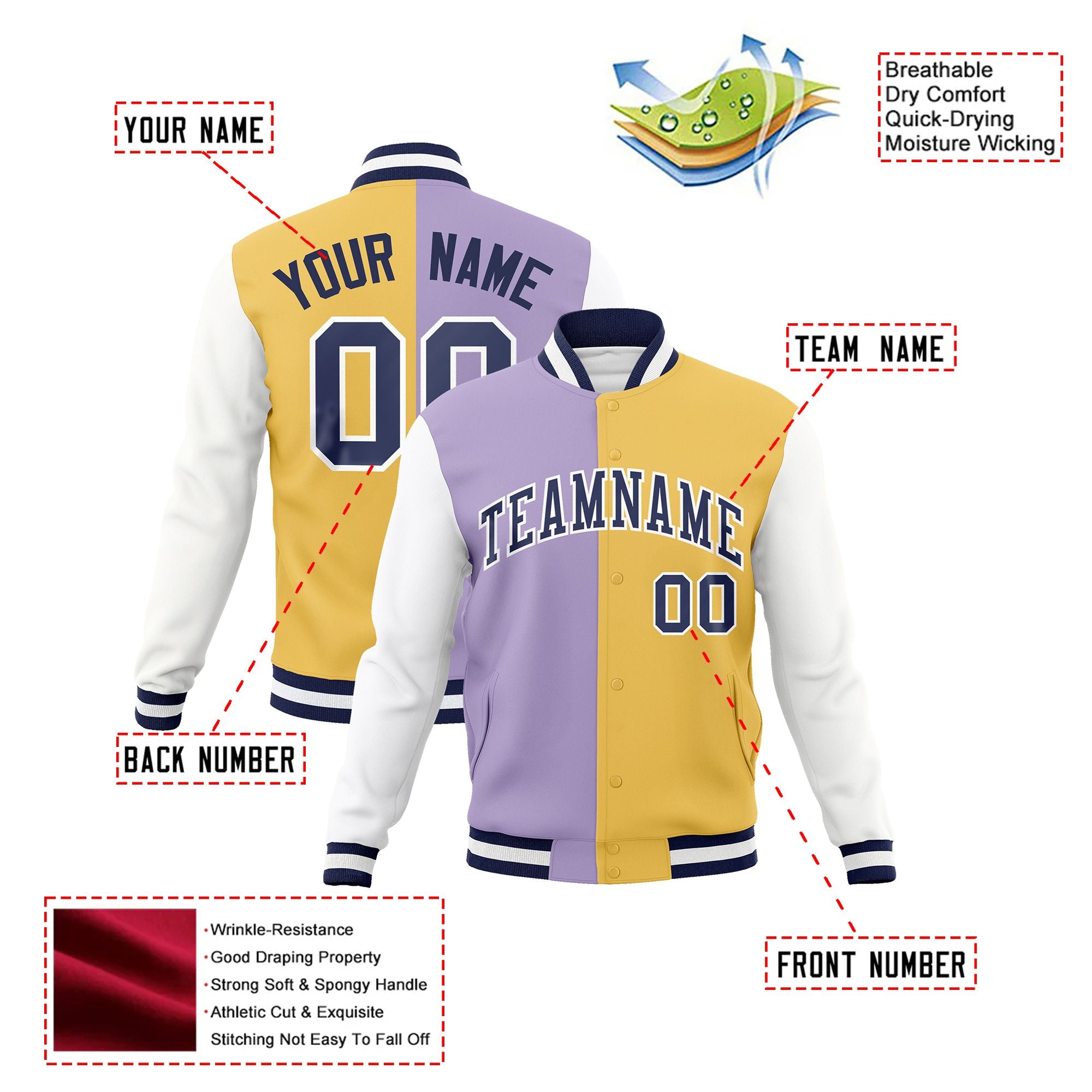 Custom Light-Purple Yellow-Purple Bomber Full-Snap Varsity Letterman Split Fashion Jacket