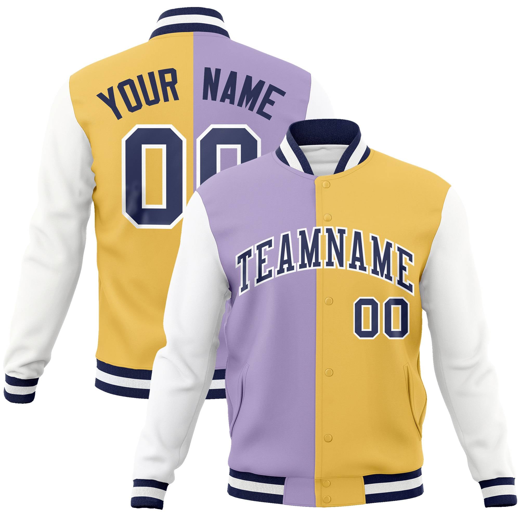 Custom Light-Purple Yellow-Purple Bomber Full-Snap Varsity Letterman Split Fashion Jacket