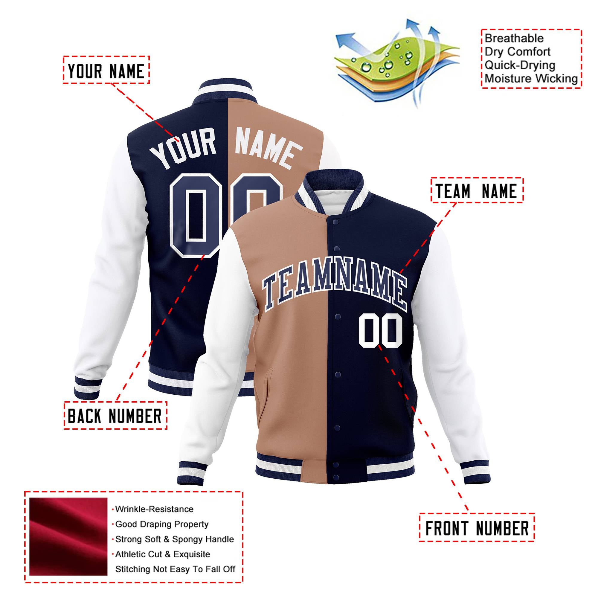 Custom Brown Navy-White Bomber Full-Snap Varsity Letterman Split Fashion Jacket