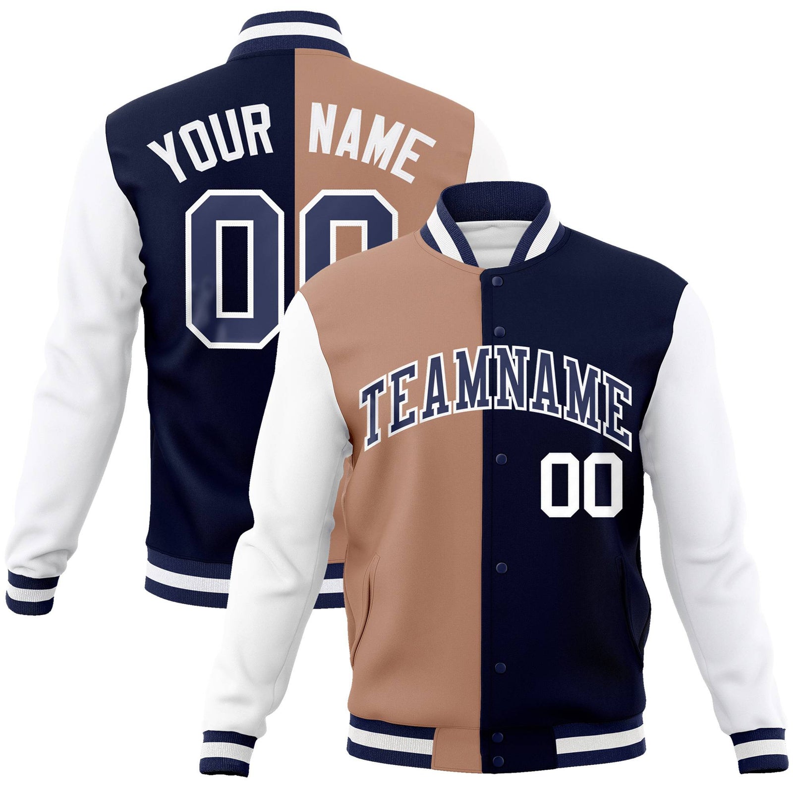 Custom Brown Navy-White Bomber Full-Snap Varsity Letterman Split Fashion Jacket