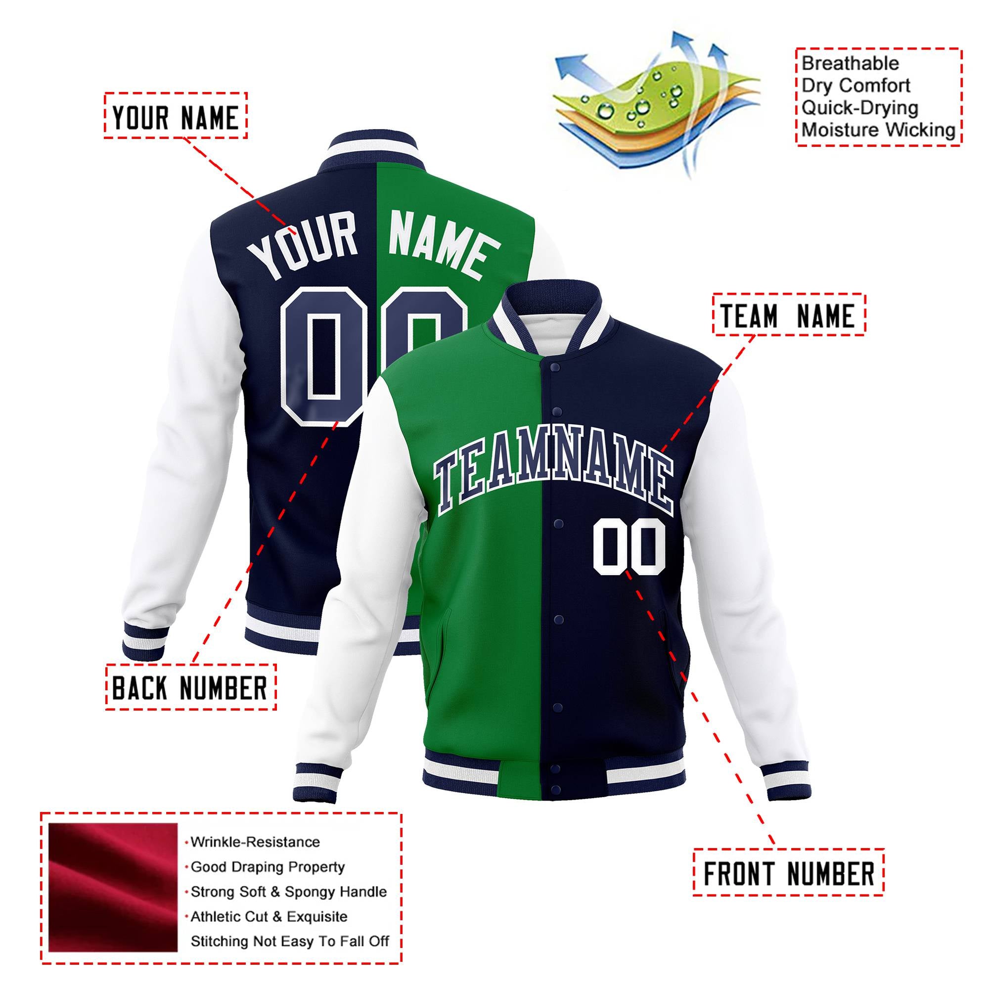 Custom Kelly Green Navy-White Bomber Full-Snap Varsity Letterman Split Fashion Jacket