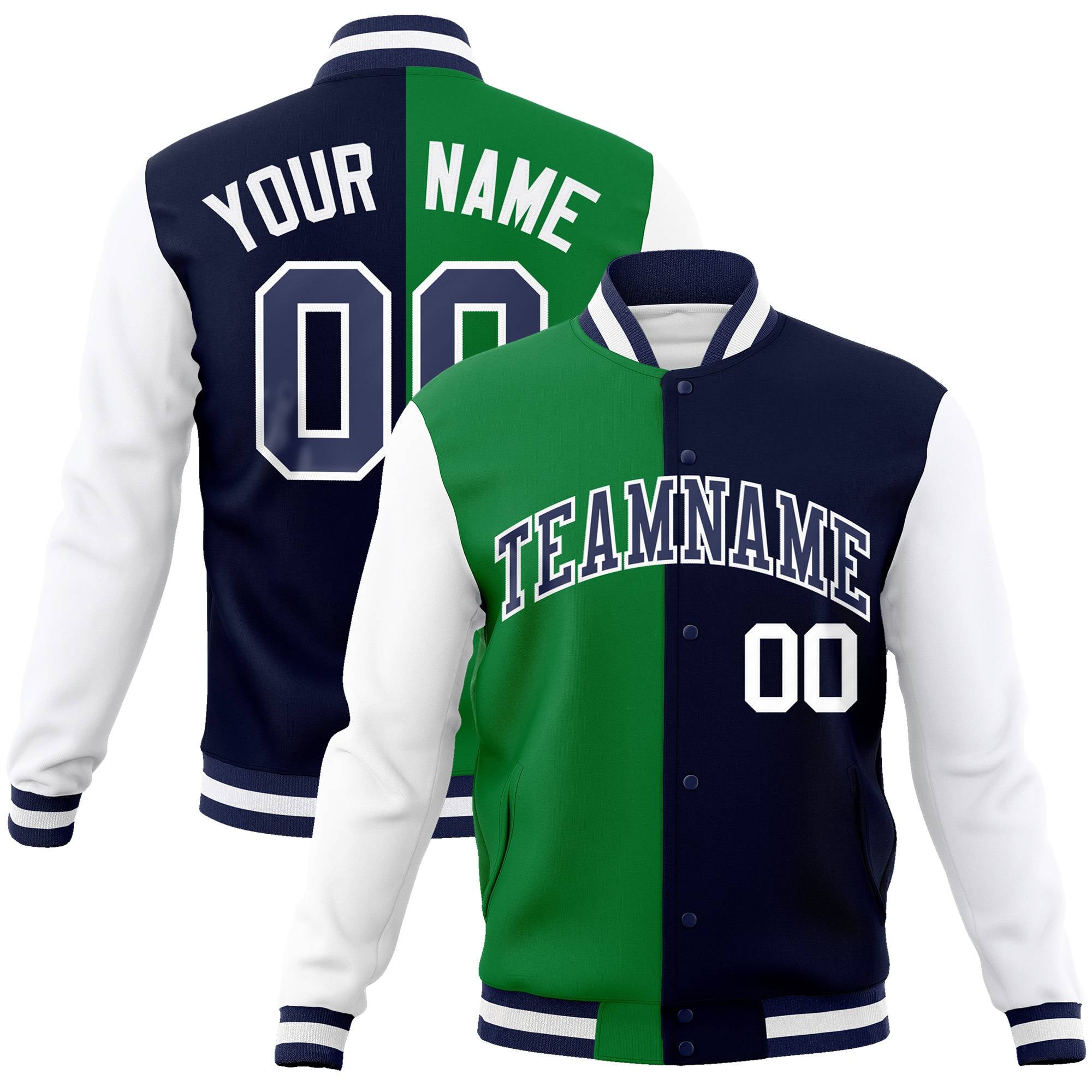 Custom Kelly Green Navy-White Bomber Full-Snap Varsity Letterman Split Fashion Jacket