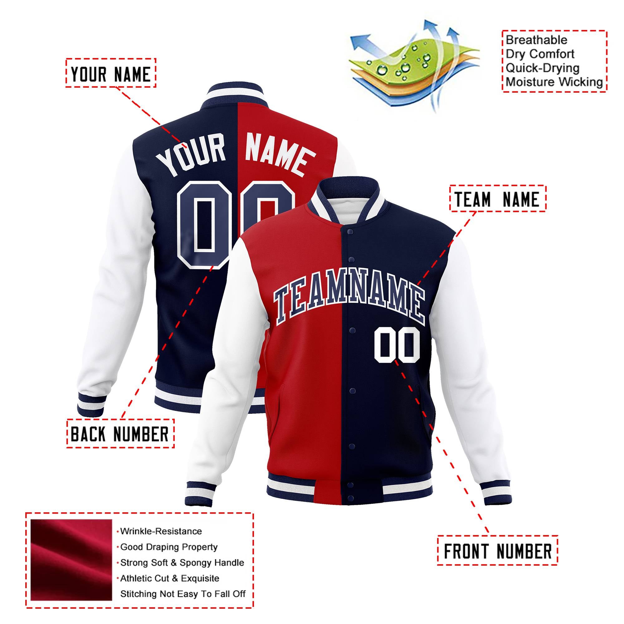 Custom Red Navy-White Bomber Full-Snap Varsity Letterman Split Fashion Jacket