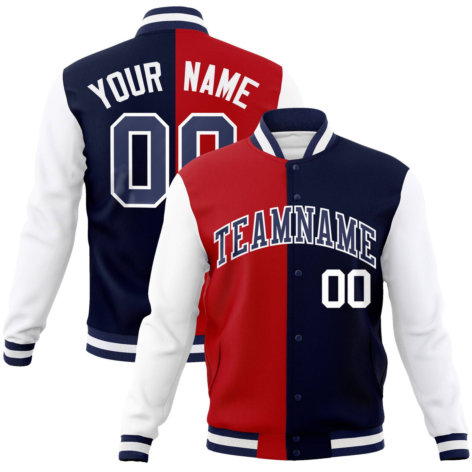 Custom Red Navy-White Bomber Full-Snap Varsity Letterman Split Fashion Jacket