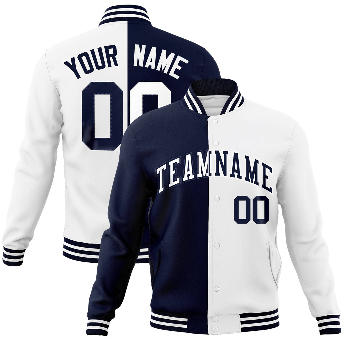 Custom Navy-White Bomber Full-Snap Varsity Letterman Split Fashion Jacket