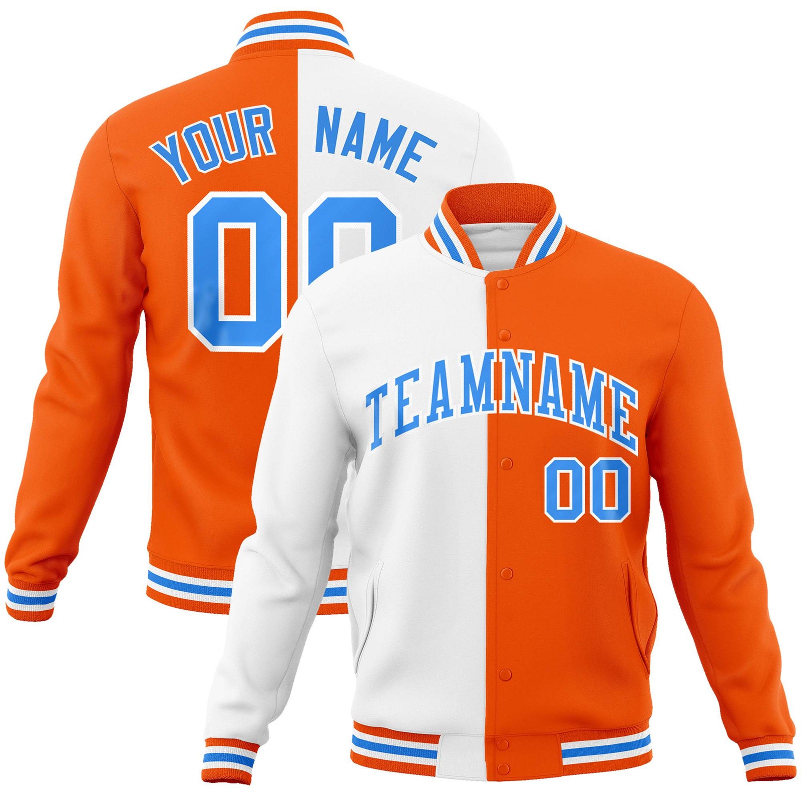 Custom White Light-Blue Orange Bomber Full-Snap Varsity Letterman Split Fashion Jacket