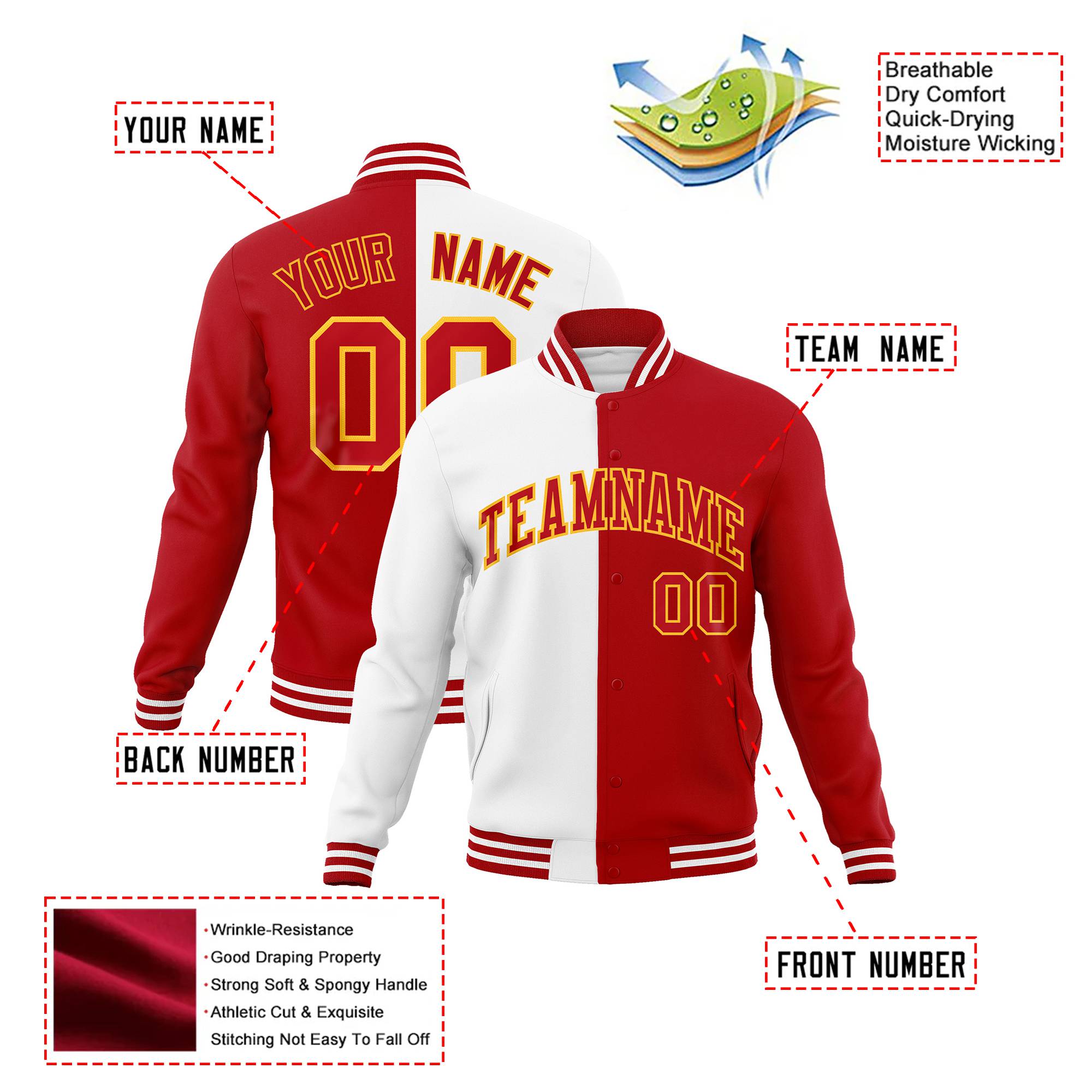 Custom White Gold Royal-Red Bomber Full-Snap Varsity Letterman Split Fashion Jacket