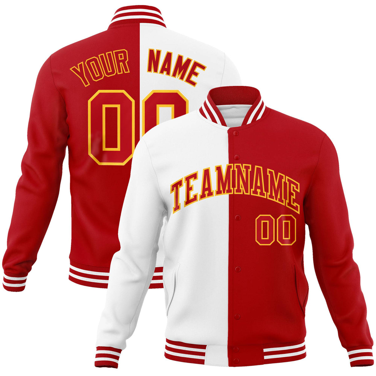 Custom White Gold Royal-Red Bomber Full-Snap Varsity Letterman Split Fashion Jacket