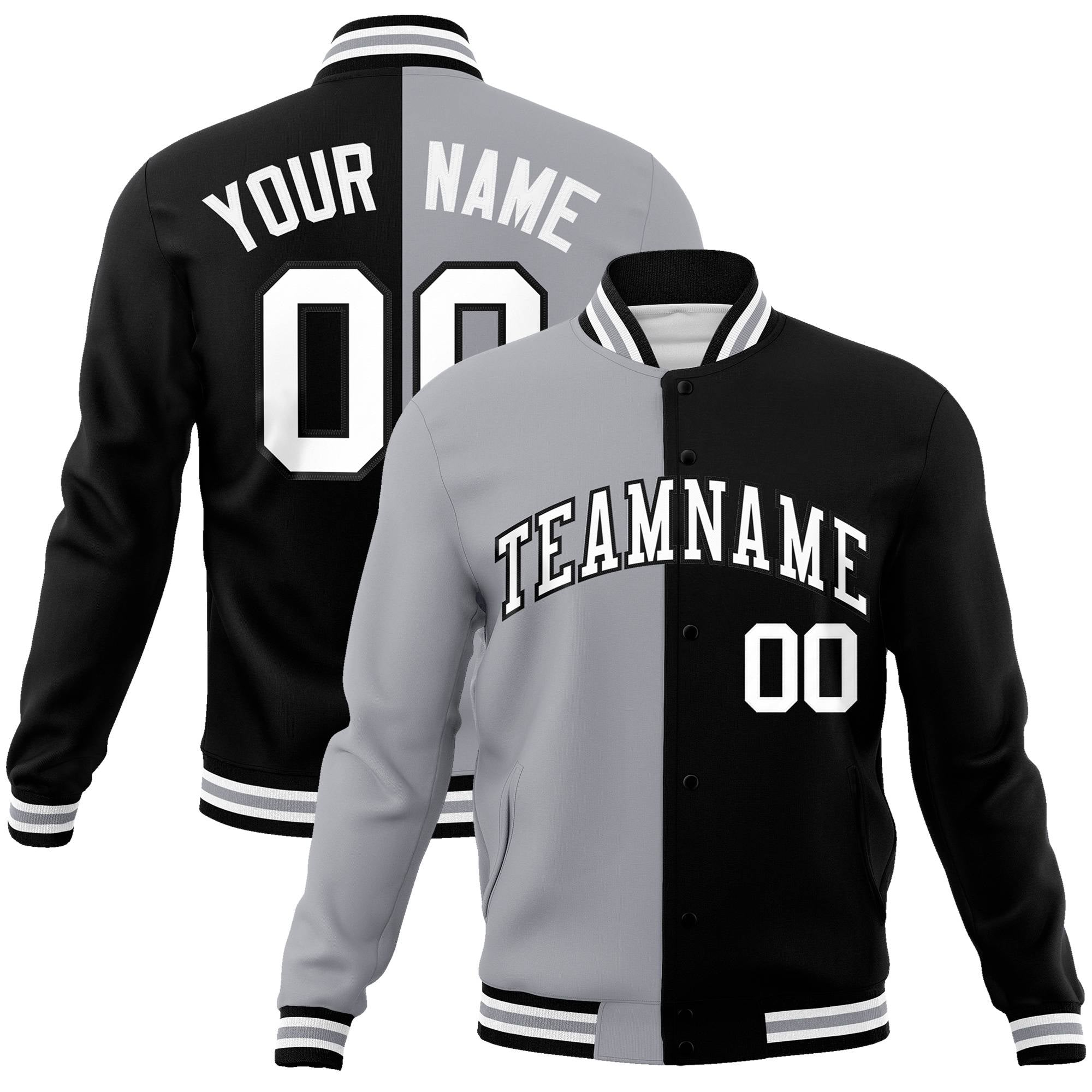 Custom Gray Black White Bomber Full-Snap Varsity Letterman Split Fashion Jacket