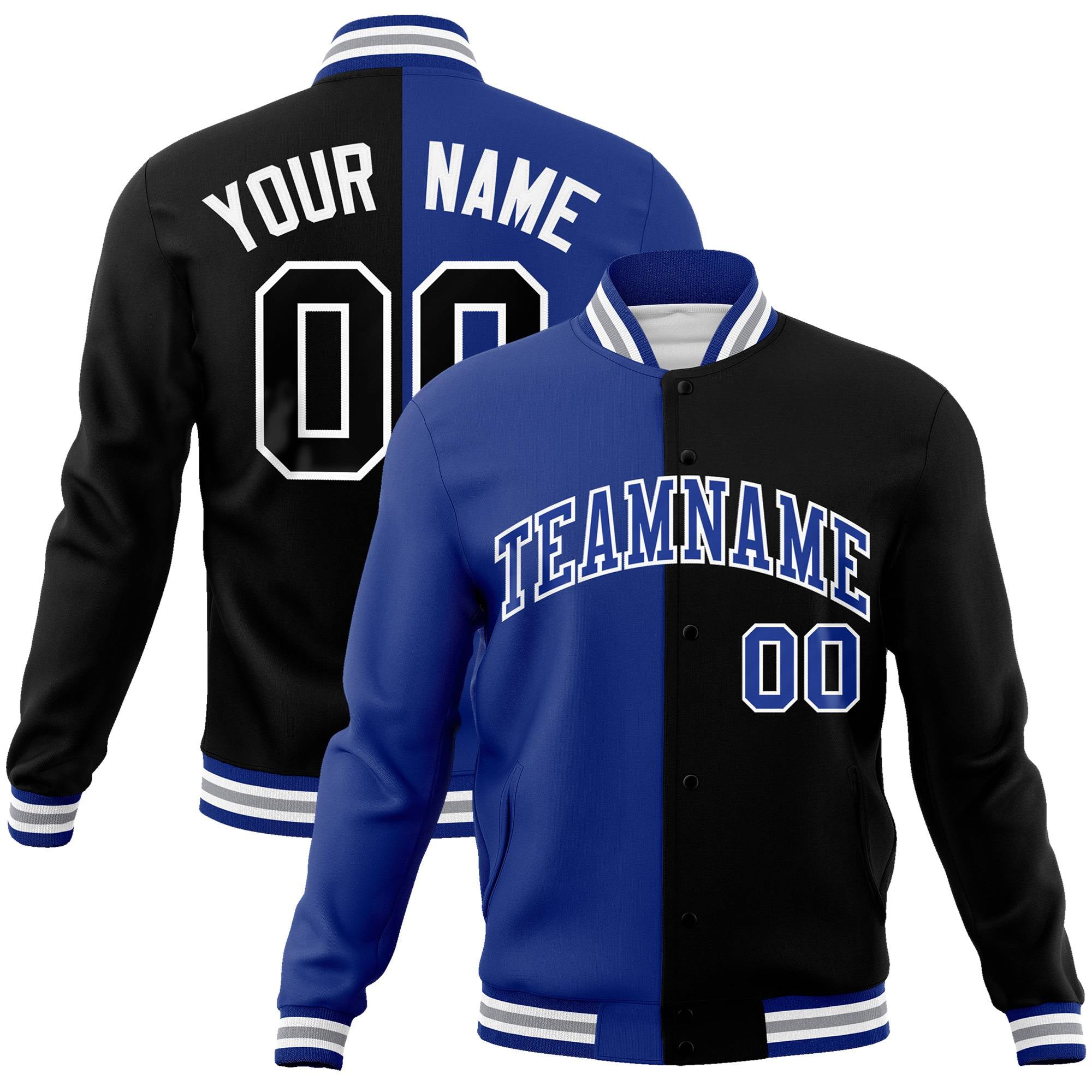 Custom Thunder-Blue Gray Black Bomber Full-Snap Varsity Letterman Split Fashion Jacket