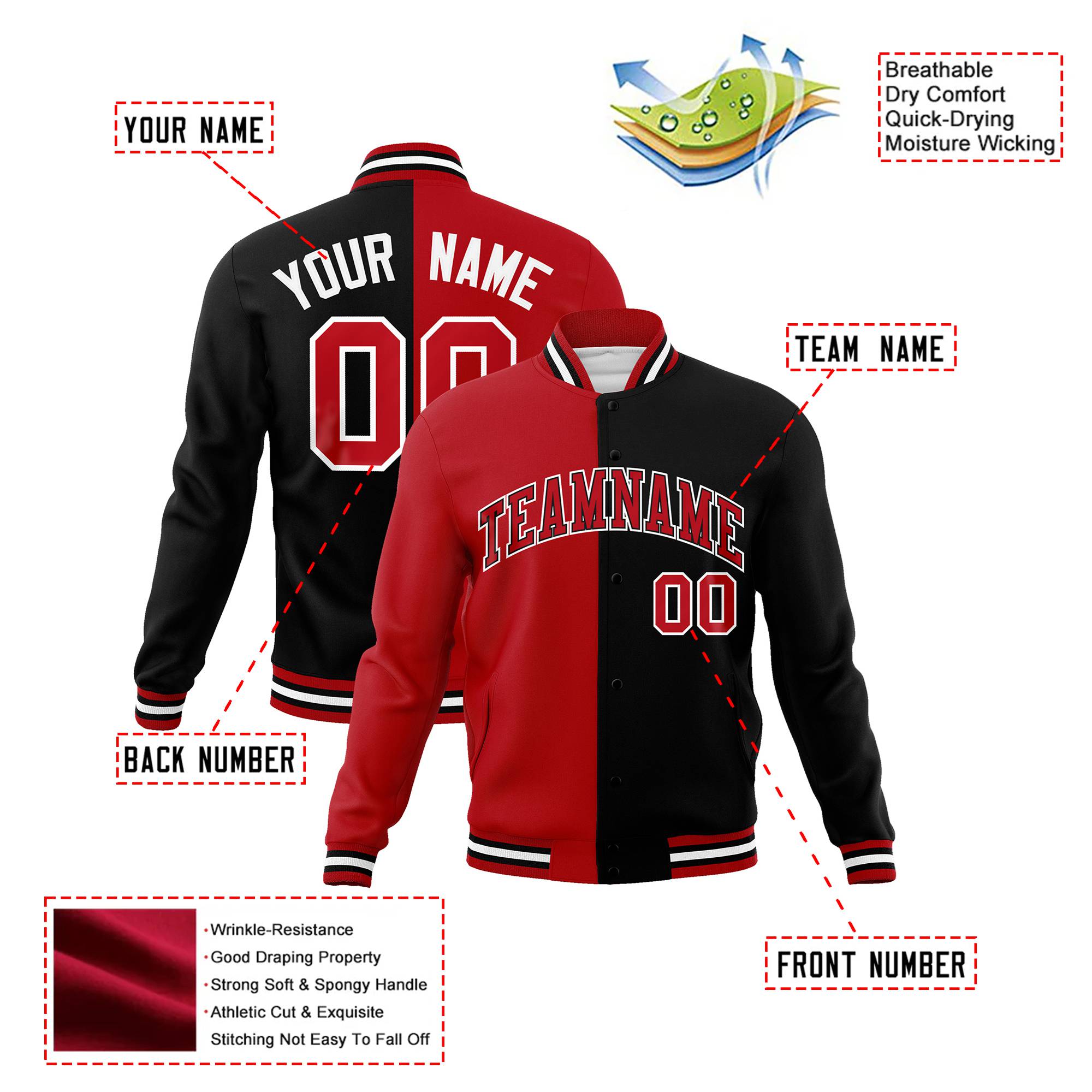 Custom Royal-Red White Black Bomber Full-Snap Varsity Letterman Split Fashion Jacket