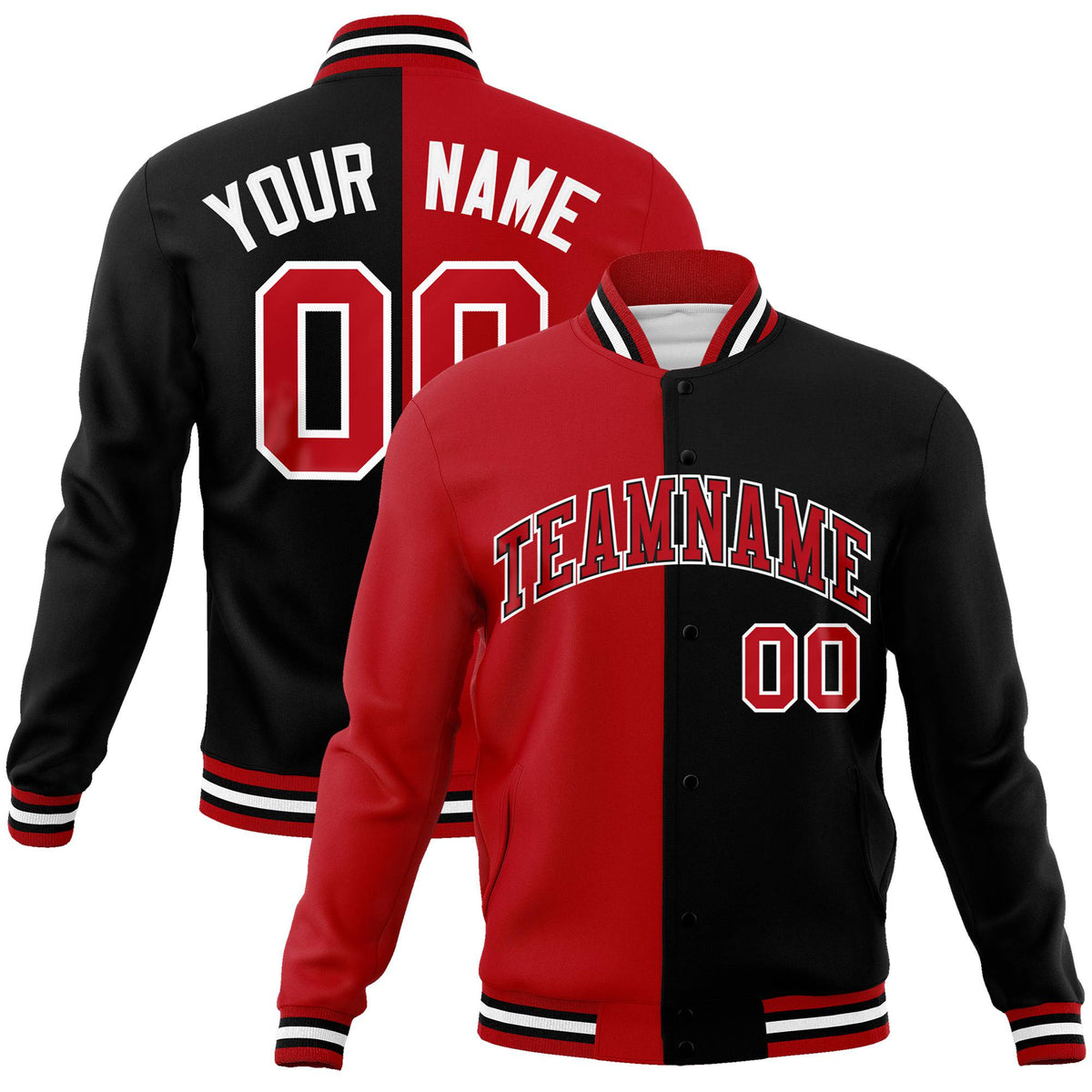 Custom Royal-Red White Black Bomber Full-Snap Varsity Letterman Split Fashion Jacket