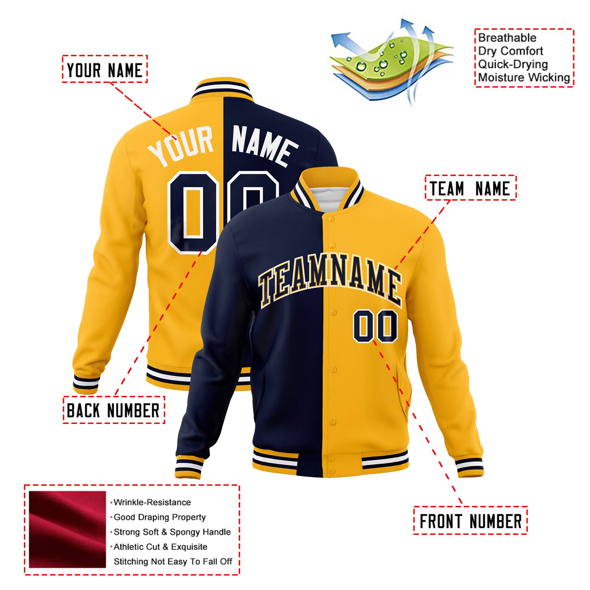 Custom Navy White Yellow Bomber Full-Snap Varsity Letterman Split Fashion Jacket