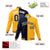 Custom Navy White Yellow Bomber Full-Snap Varsity Letterman Split Fashion Jacket