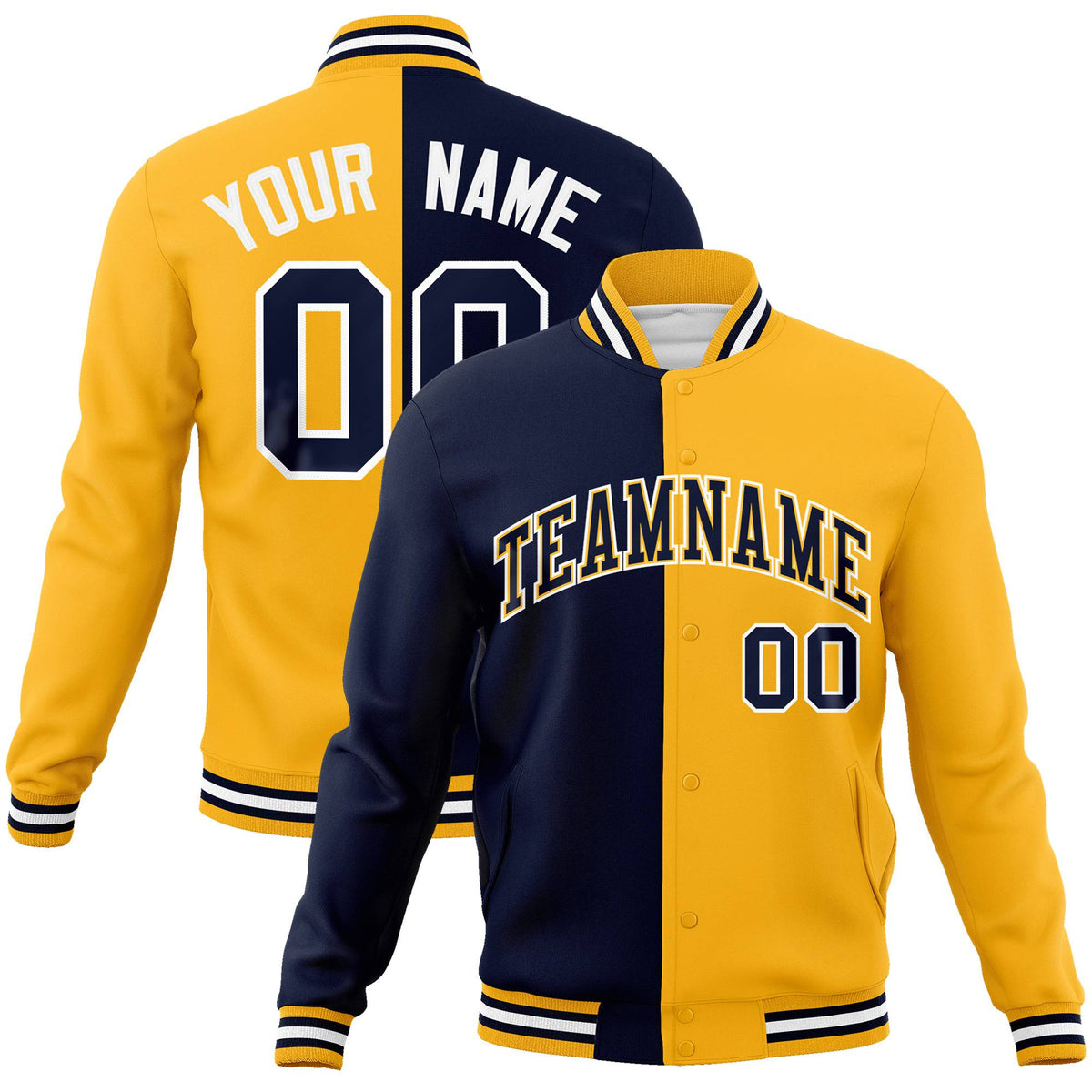 Custom Navy White Yellow Bomber Full-Snap Varsity Letterman Split Fashion Jacket