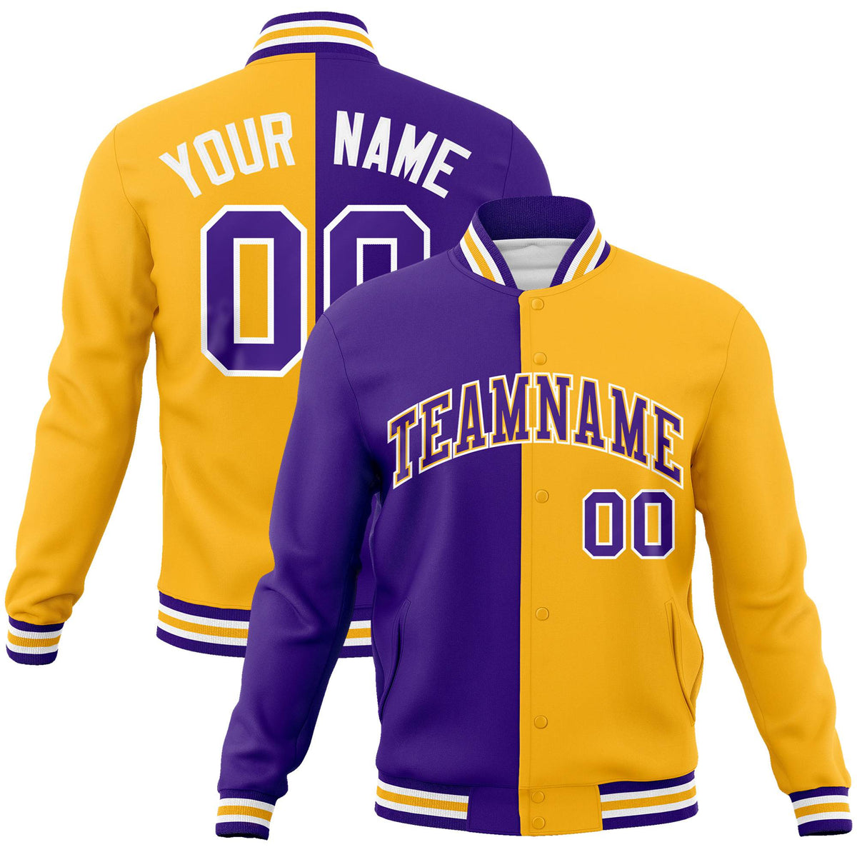 Custom Purple White Yellow Bomber Full-Snap Varsity Letterman Split Fashion Jacket