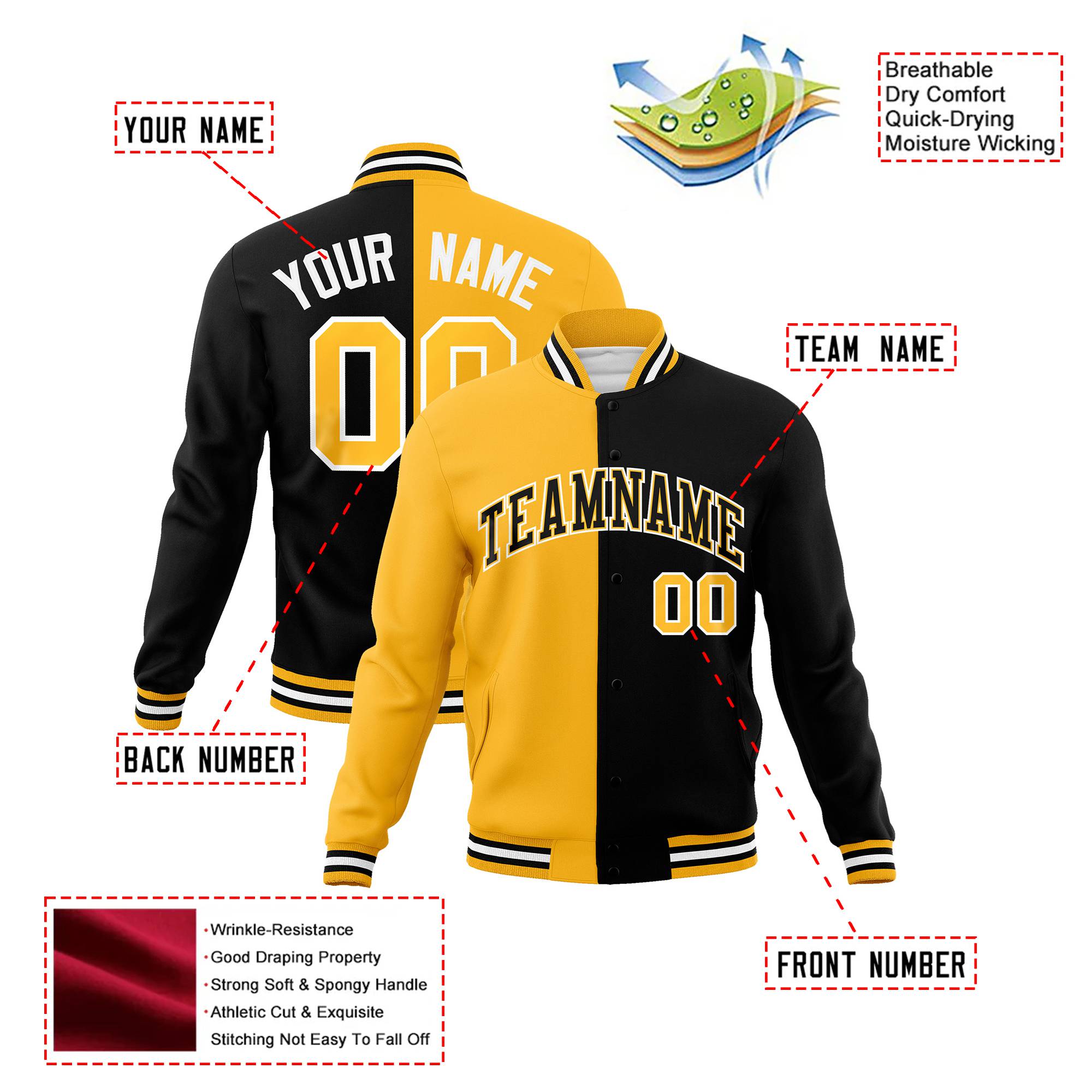 Custom Yellow White Black Bomber Full-Snap Varsity Letterman Split Fashion Jacket