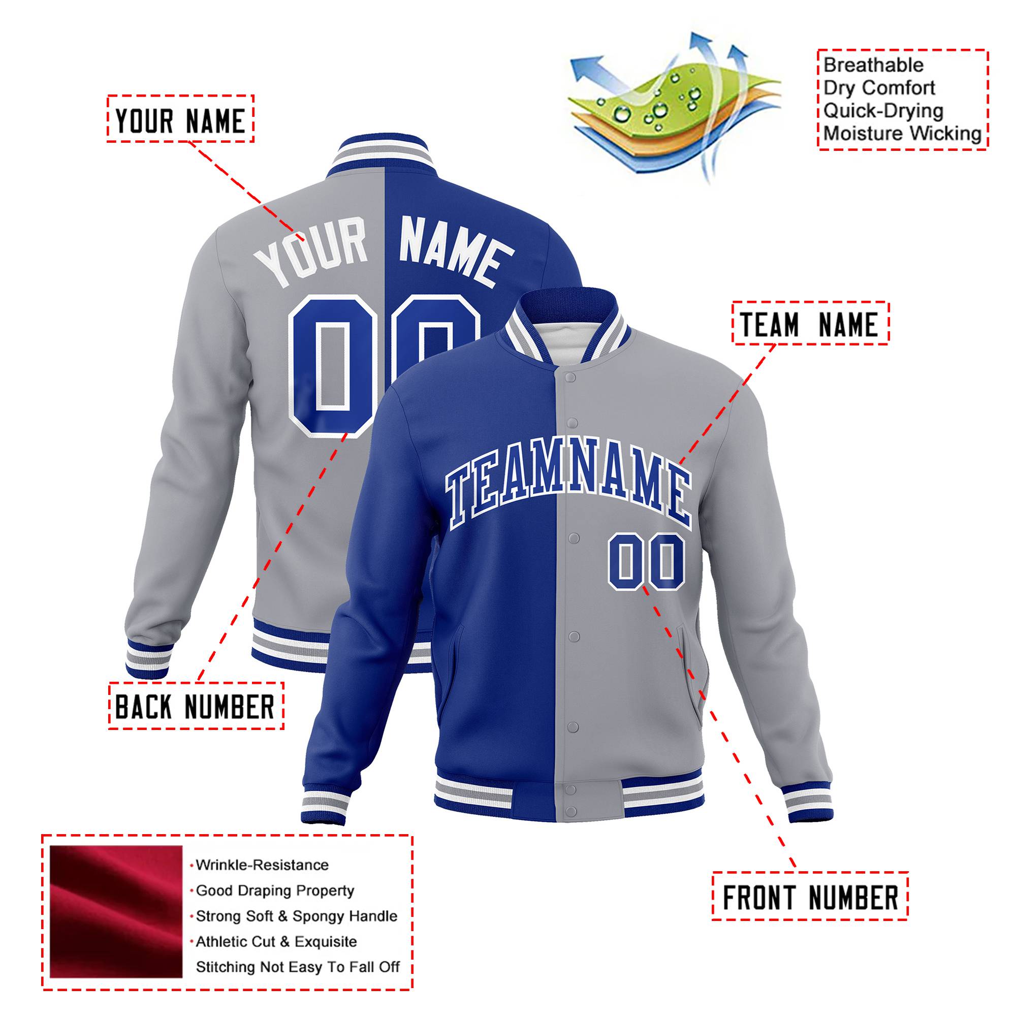 Custom Thunder-Blue White Gray Bomber Full-Snap Varsity Letterman Split Fashion Jacket