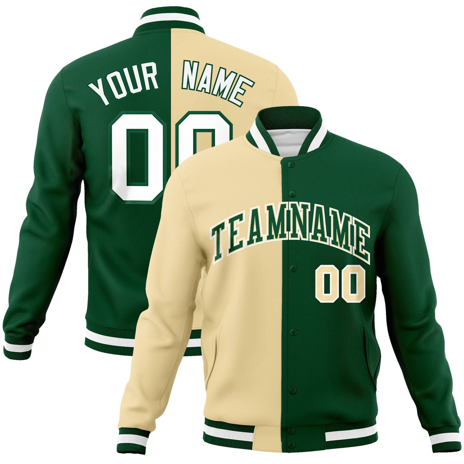 Custom Cream White Kelly-Green Bomber Full-Snap Varsity Letterman Split Fashion Jacket