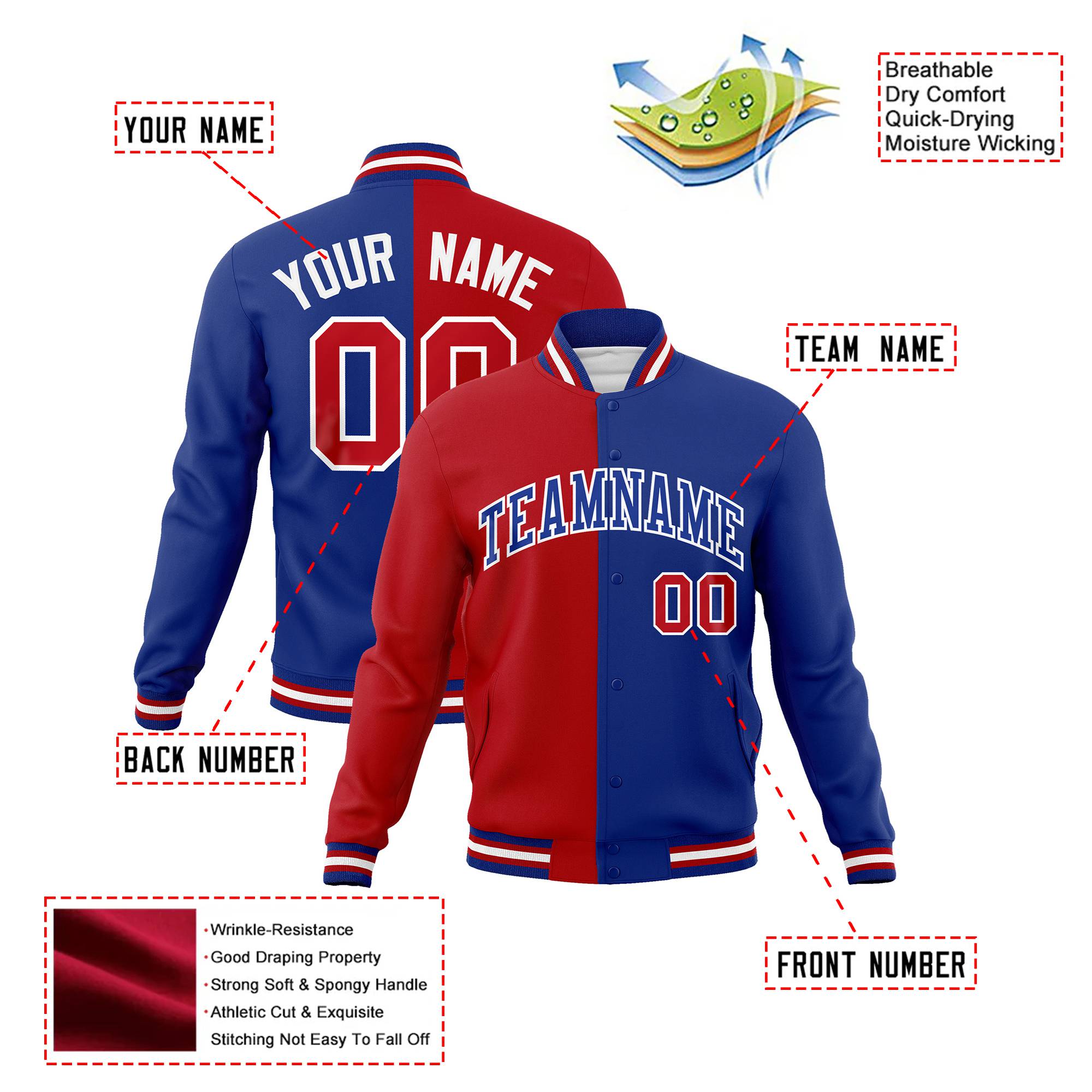 Custom Royal-Red White Thunder-Blue Bomber Full-Snap Varsity Letterman Split Fashion Jacket