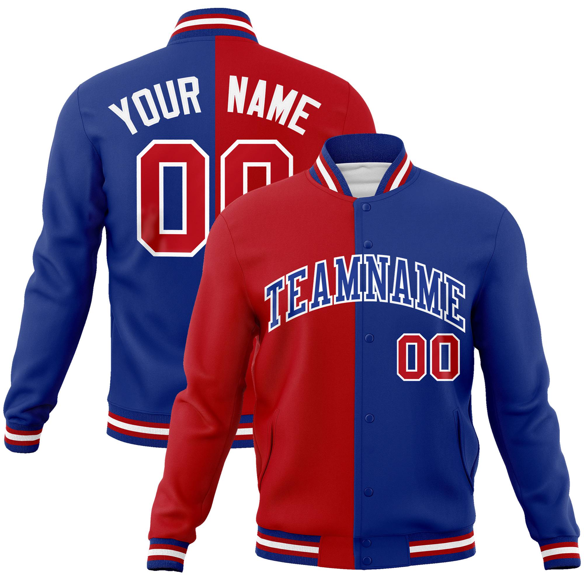 Custom Royal-Red White Thunder-Blue Bomber Full-Snap Varsity Letterman Split Fashion Jacket