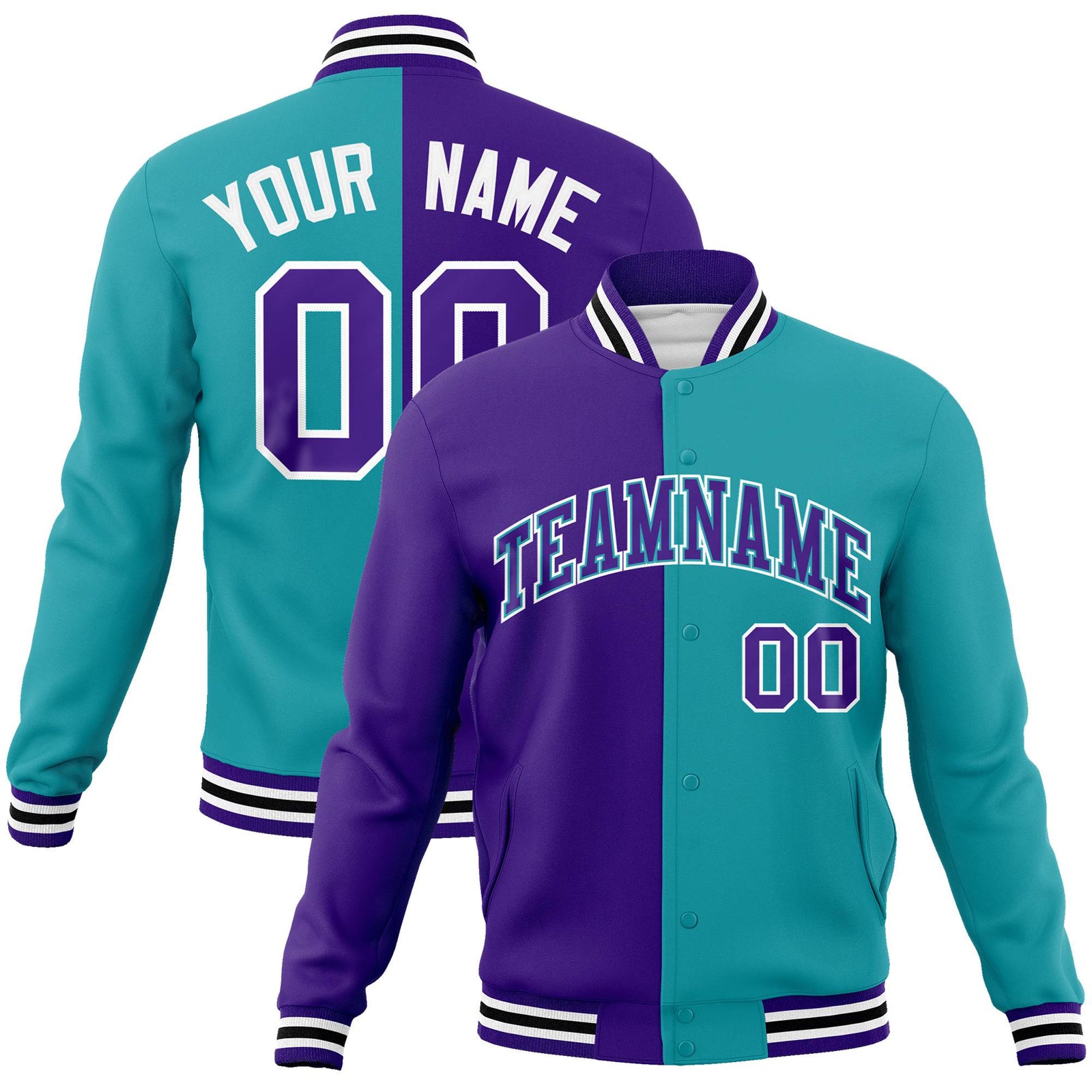 Custom Purple White Aqua Bomber Full-Snap Varsity Letterman Split Fashion Jacket