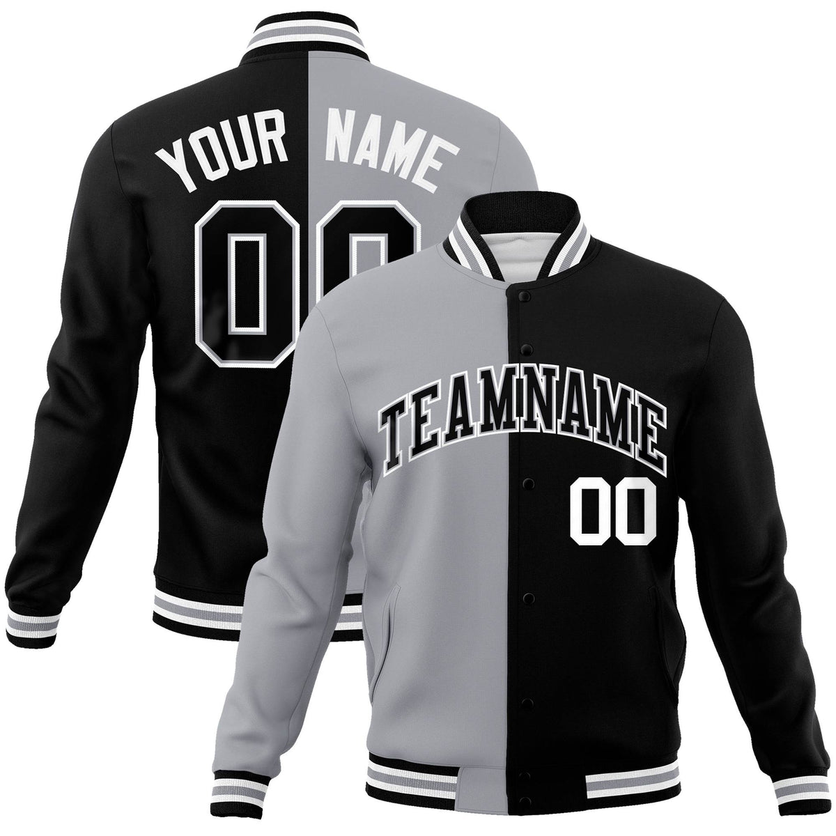 Custom Gray White Black Bomber Full-Snap Varsity Letterman Split Fashion Jacket