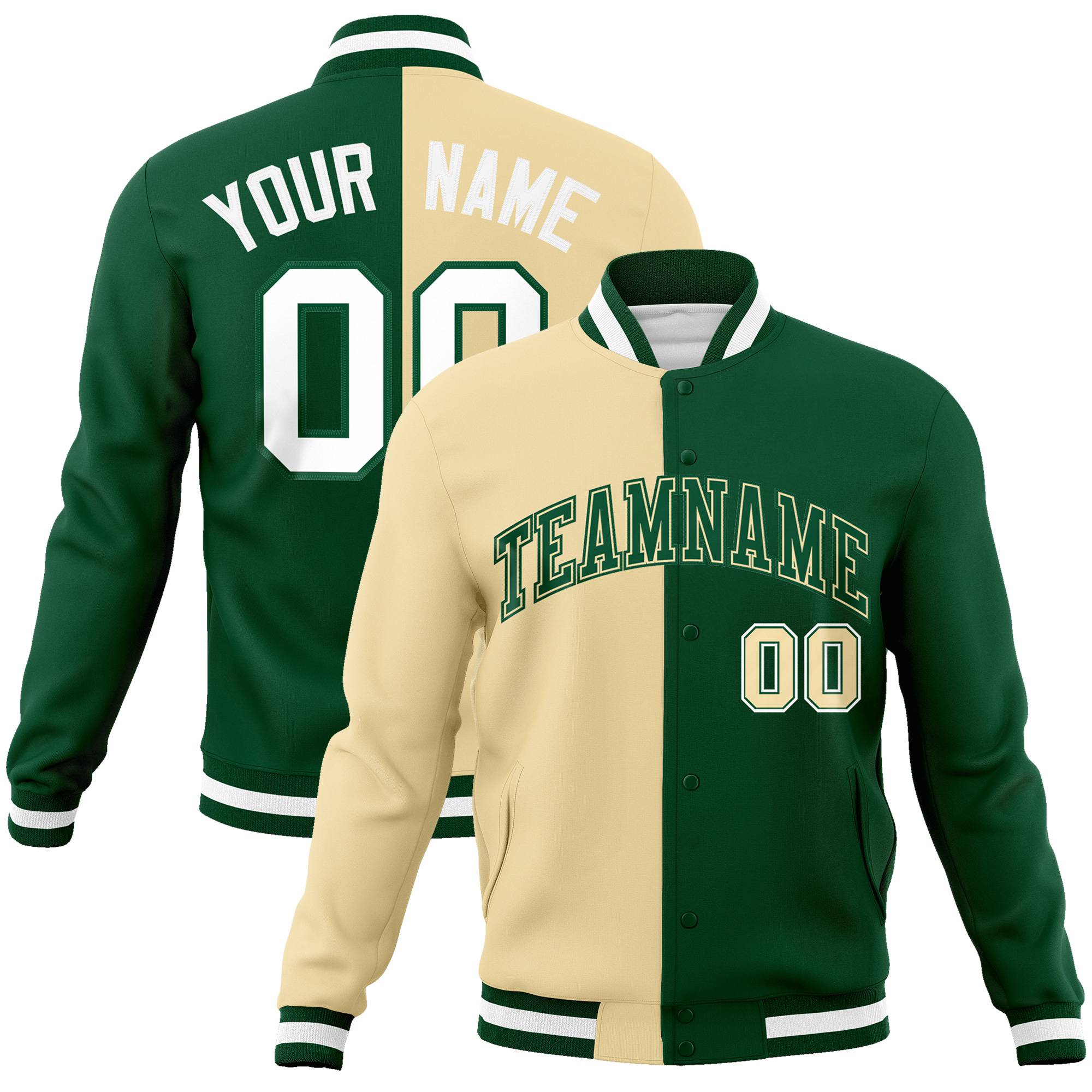 Custom Cream White Kelly-Green Bomber Full-Snap Varsity Letterman Split Fashion Jacket