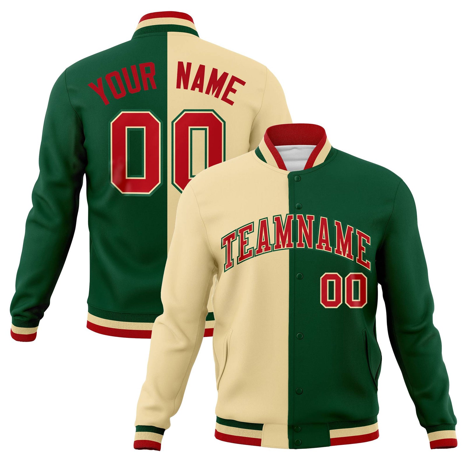 Custom Cream Red Kelly-Green Bomber Full-Snap Varsity Letterman Split Fashion Jacket