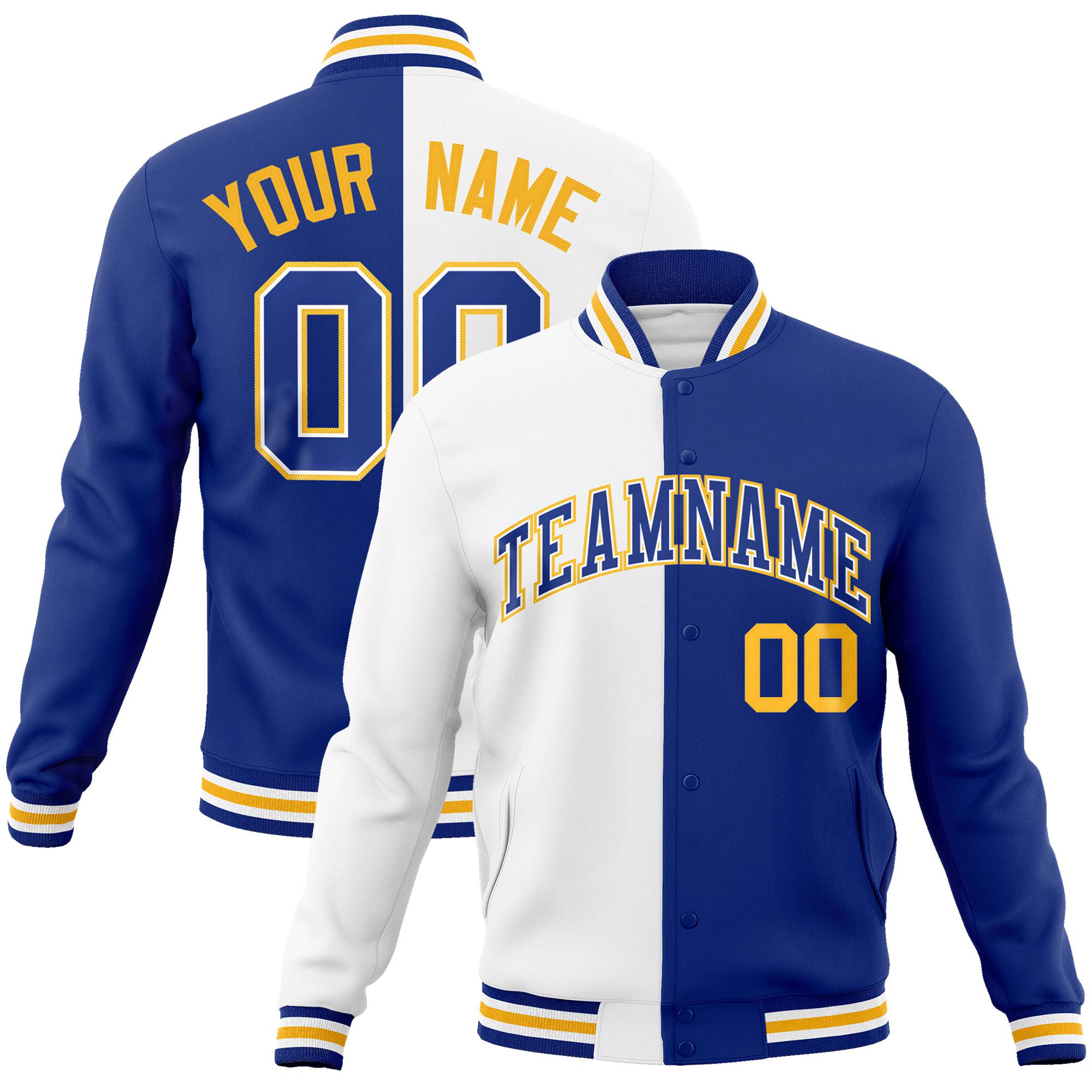 Custom White Thunder-Blue Gold Bomber Full-Snap Varsity Letterman Split Fashion Jacket