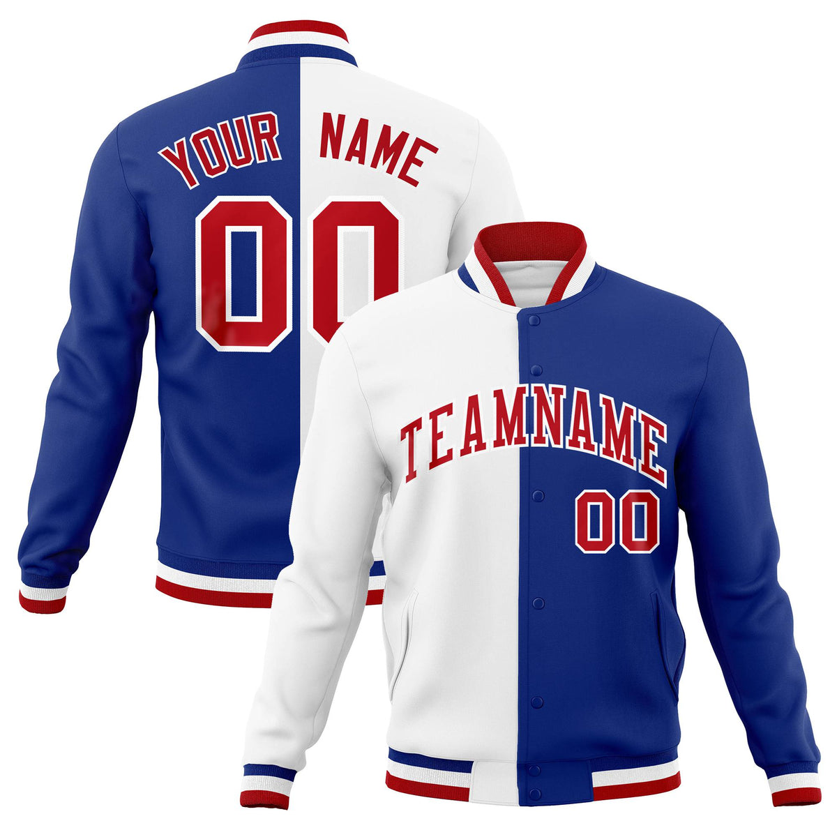 Custom White Thunder-Blue Red Bomber Full-Snap Varsity Letterman Split Fashion Jacket