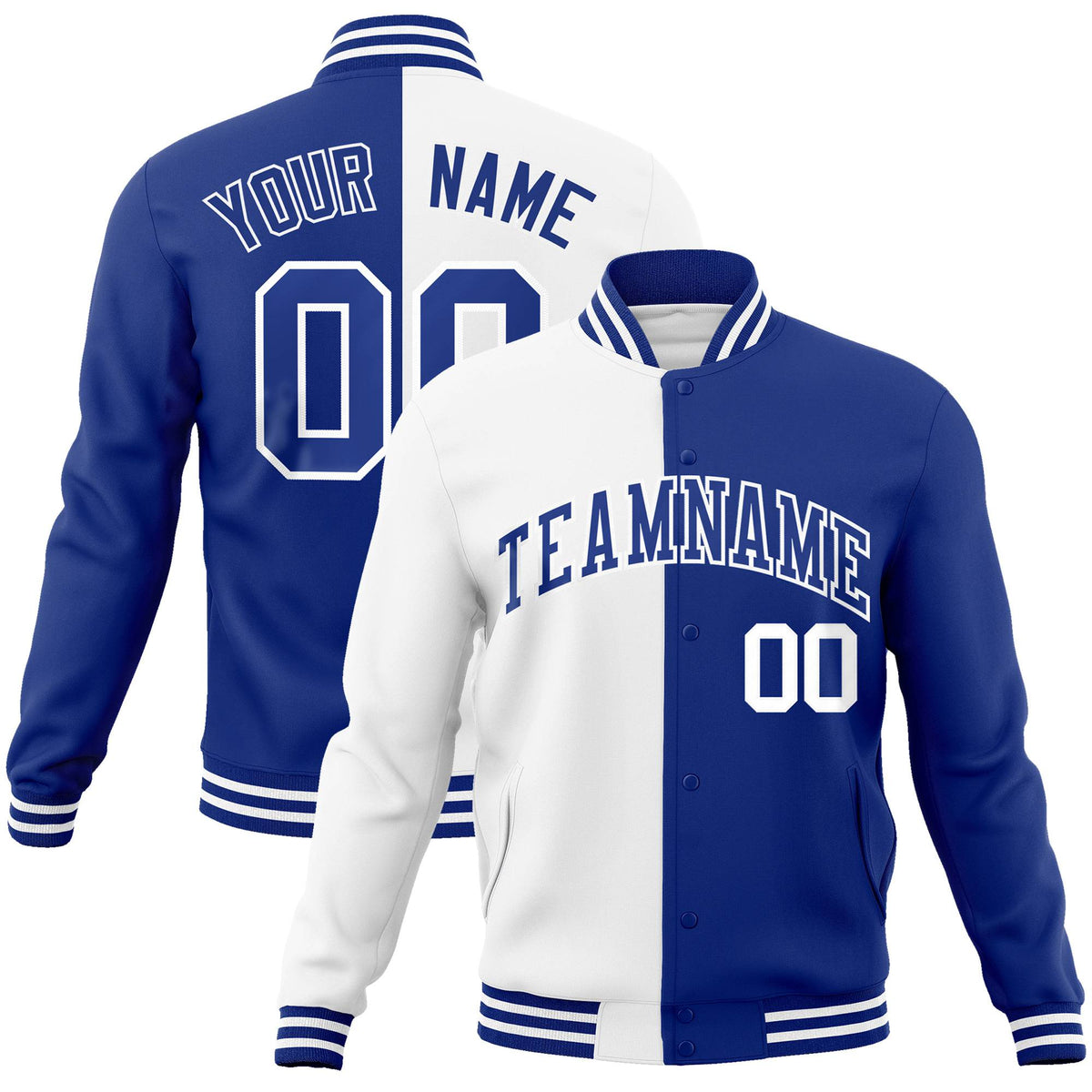 Custom White Thunder-Blue White Bomber Full-Snap Varsity Letterman Split Fashion Jacket