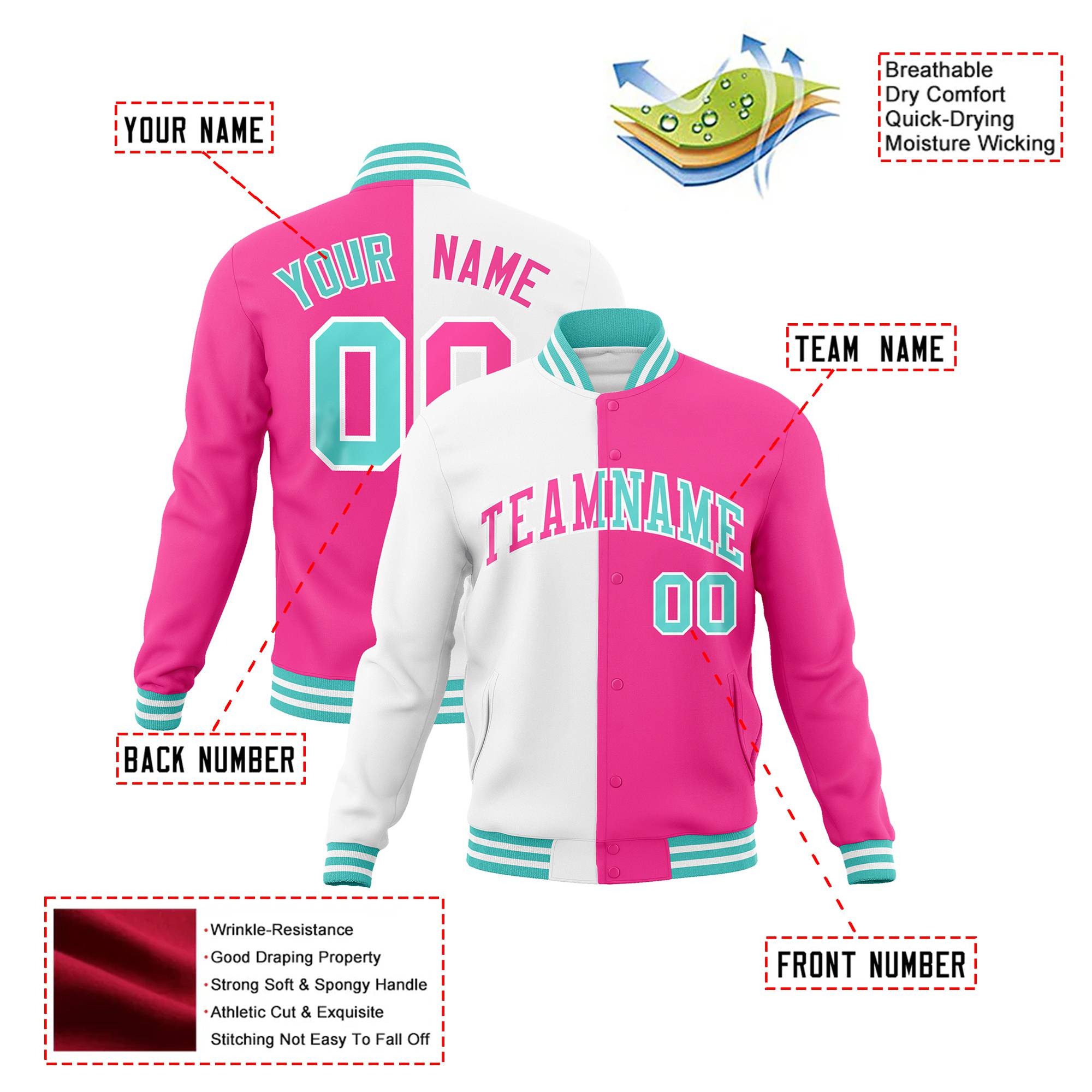 Custom White Pink Aqua Bomber Full-Snap Varsity Letterman Split Fashion Jacket