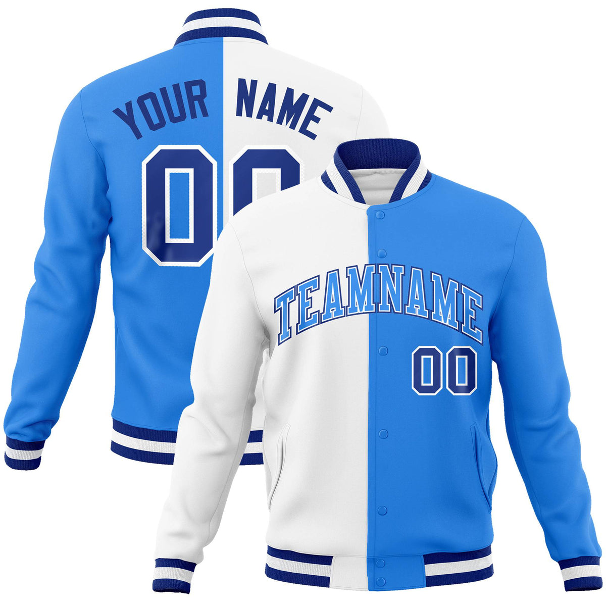 Custom White Sky-Blue Blue Bomber Full-Snap Varsity Letterman Split Fashion Jacket