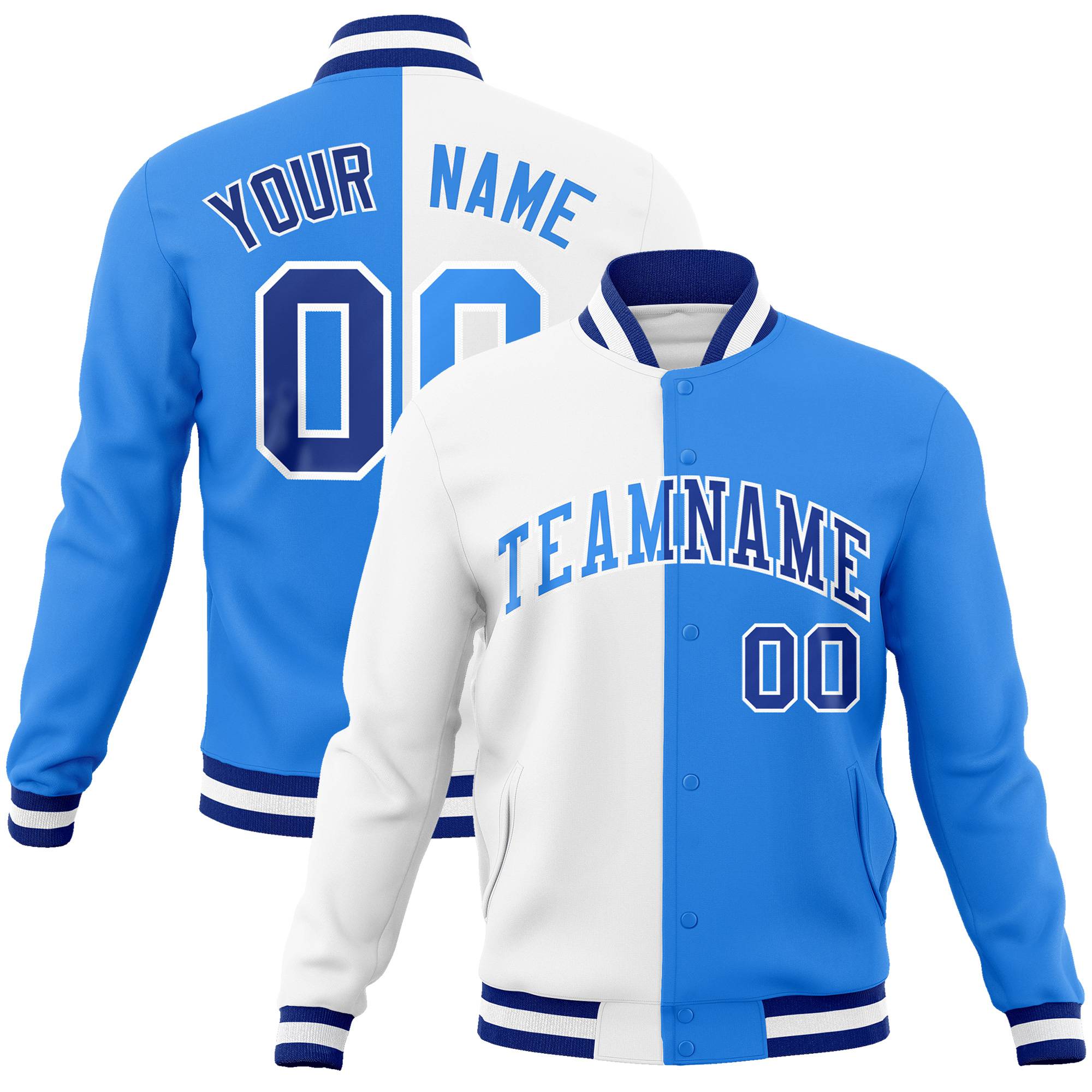 Custom White Sky-Blue Blue Bomber Full-Snap Varsity Letterman Split Fashion Jacket