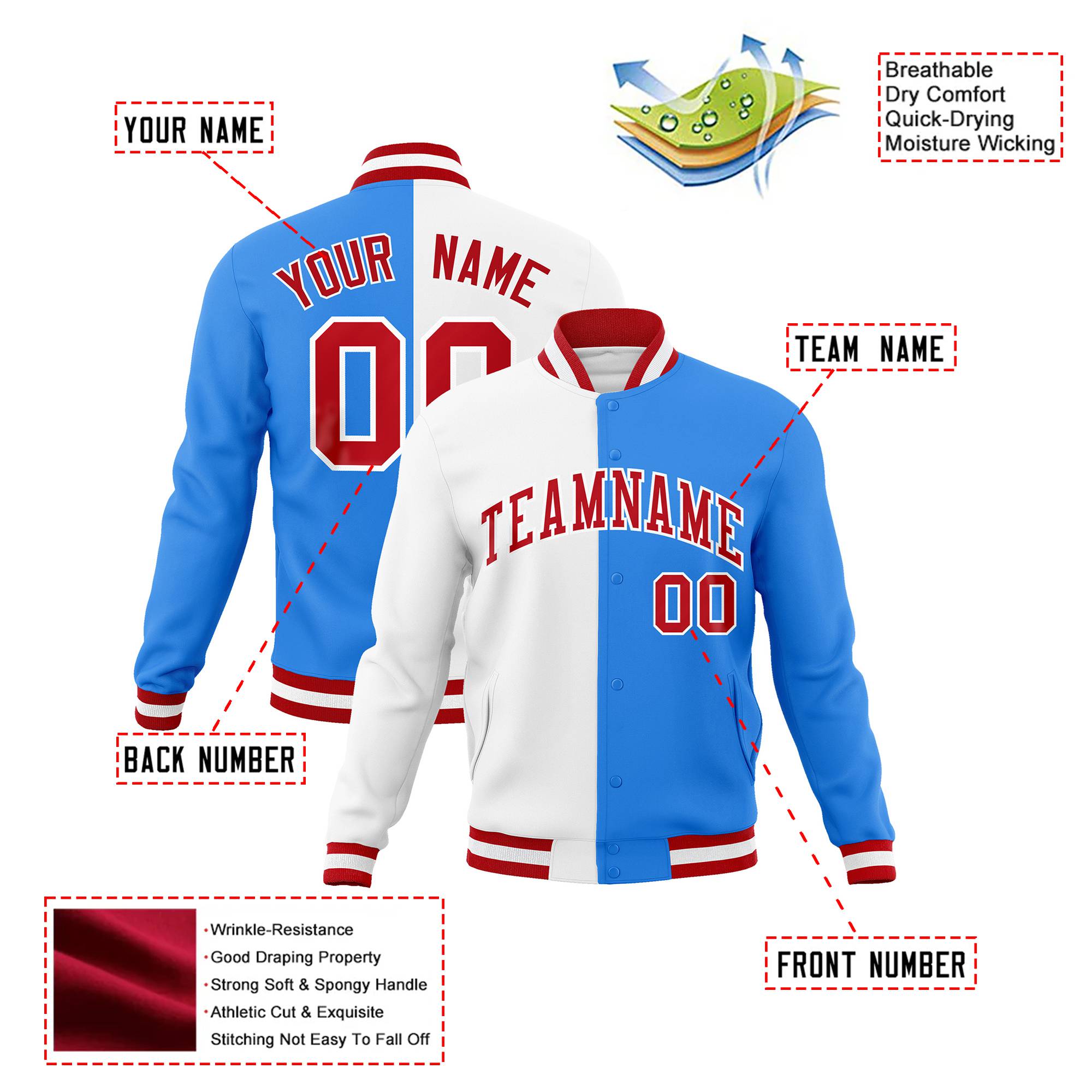 Custom White Sky-Blue Red Bomber Full-Snap Varsity Letterman Split Fashion Jacket