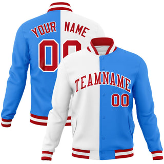 Chaqueta bomber personalizada de estilo universitario con abertura y cierre completo, color blanco, azul claro y rojo  - Estilo 1