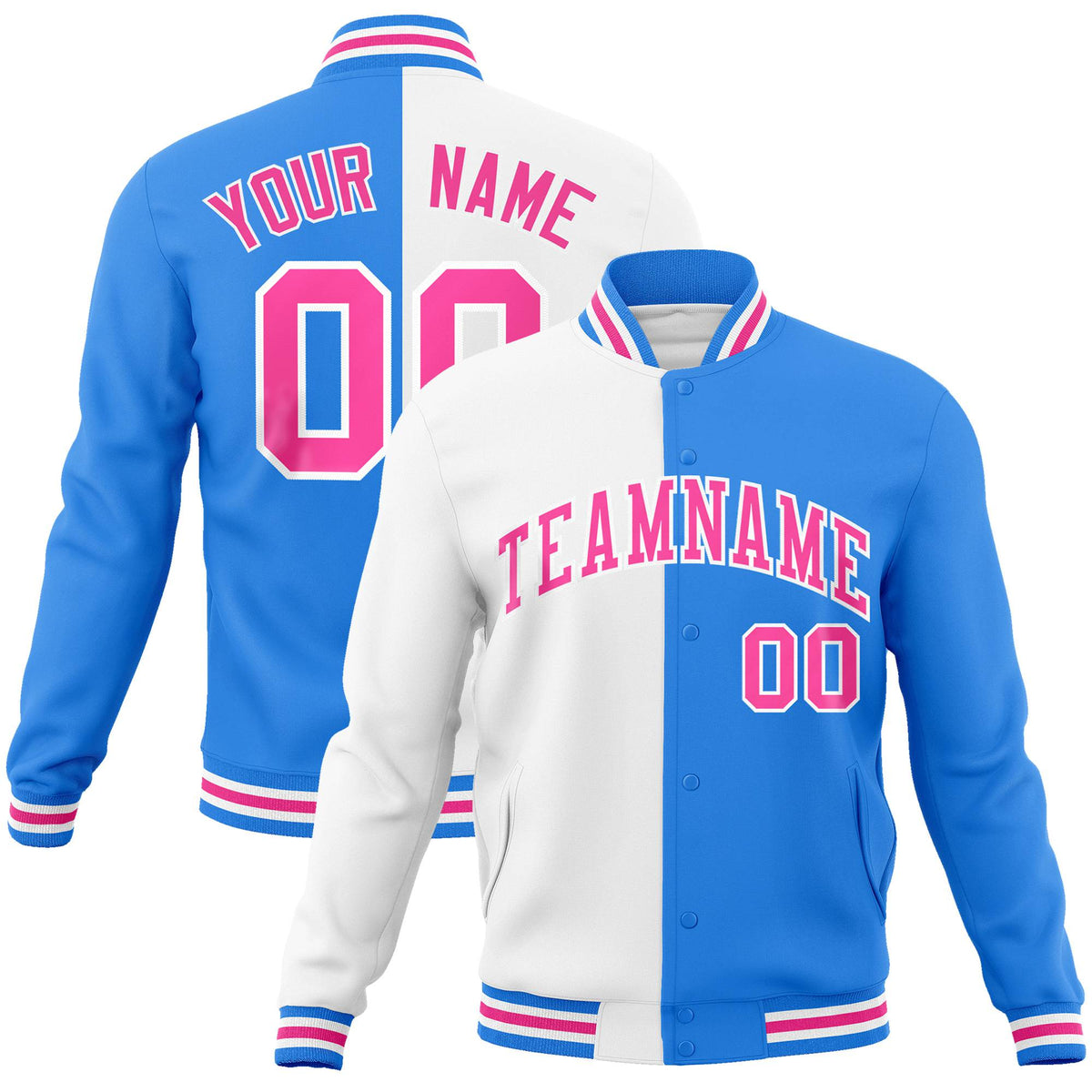 Custom White Sky-Blue Pink Bomber Full-Snap Varsity Letterman Split Fashion Jacket