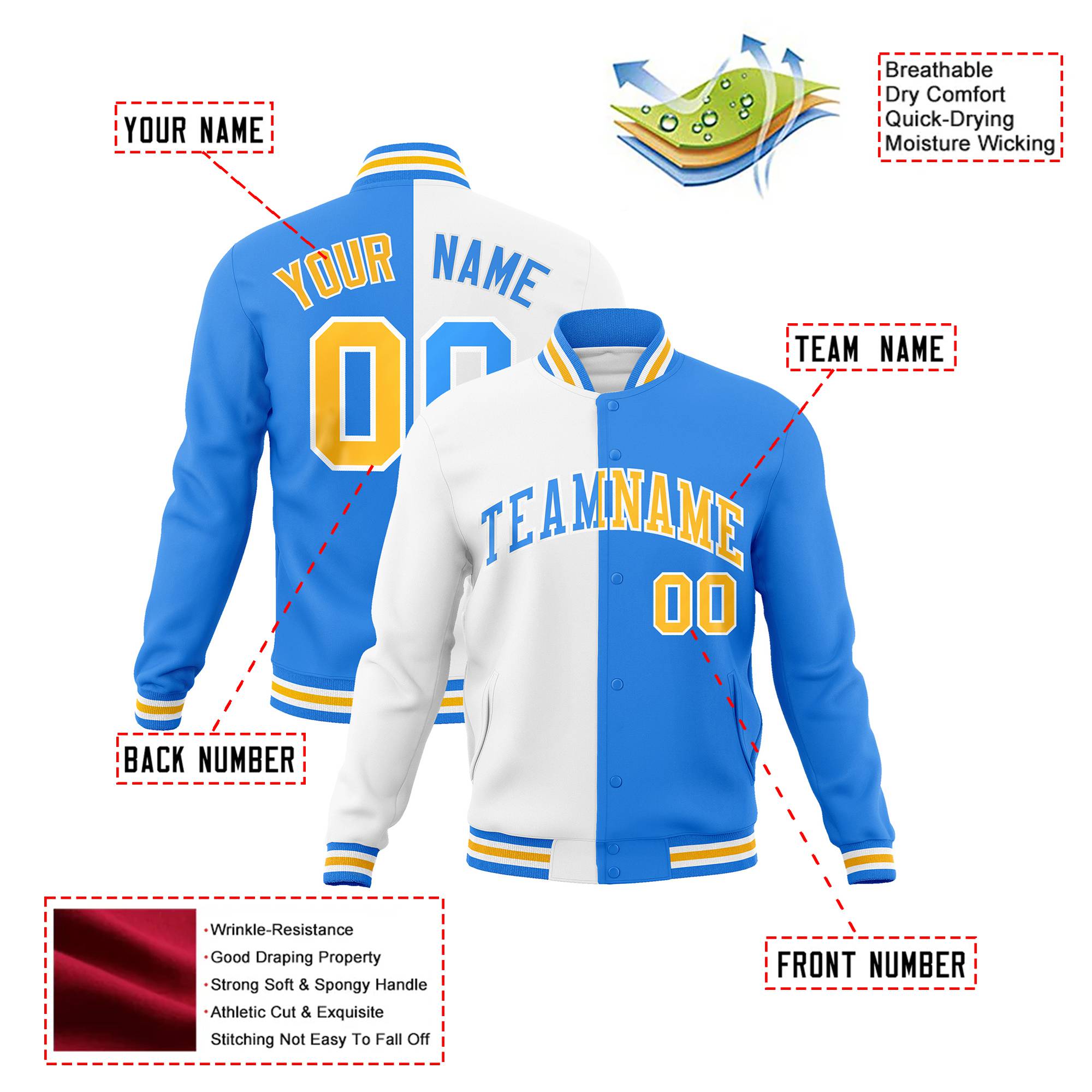 Custom White Sky-Blue Gold Bomber Full-Snap Varsity Letterman Split Fashion Jacket