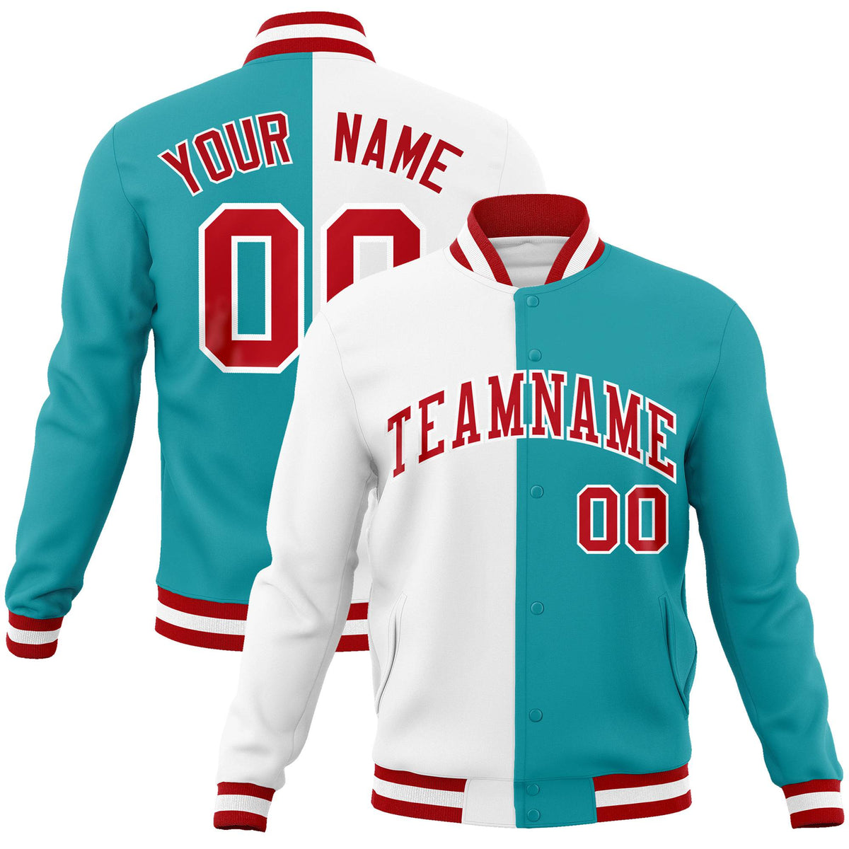 Custom White Aqua Red Bomber Full-Snap Varsity Letterman Split Fashion Jacket