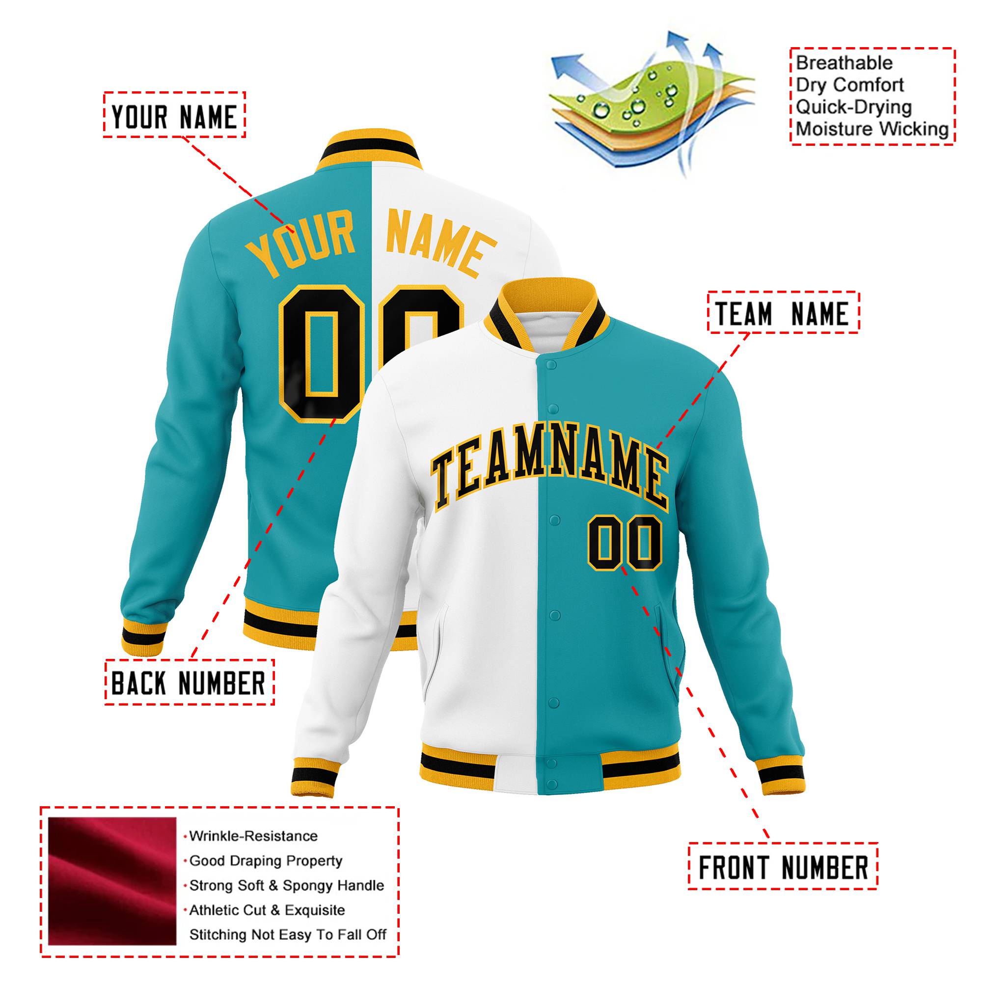 Custom White Aqua Black-Gold Bomber Full-Snap Varsity Letterman Split Fashion Jacket