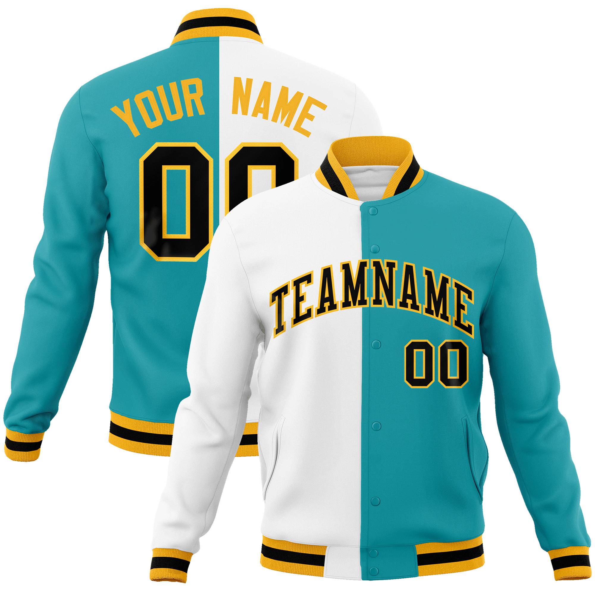 Custom White Aqua Black-Gold Bomber Full-Snap Varsity Letterman Split Fashion Jacket