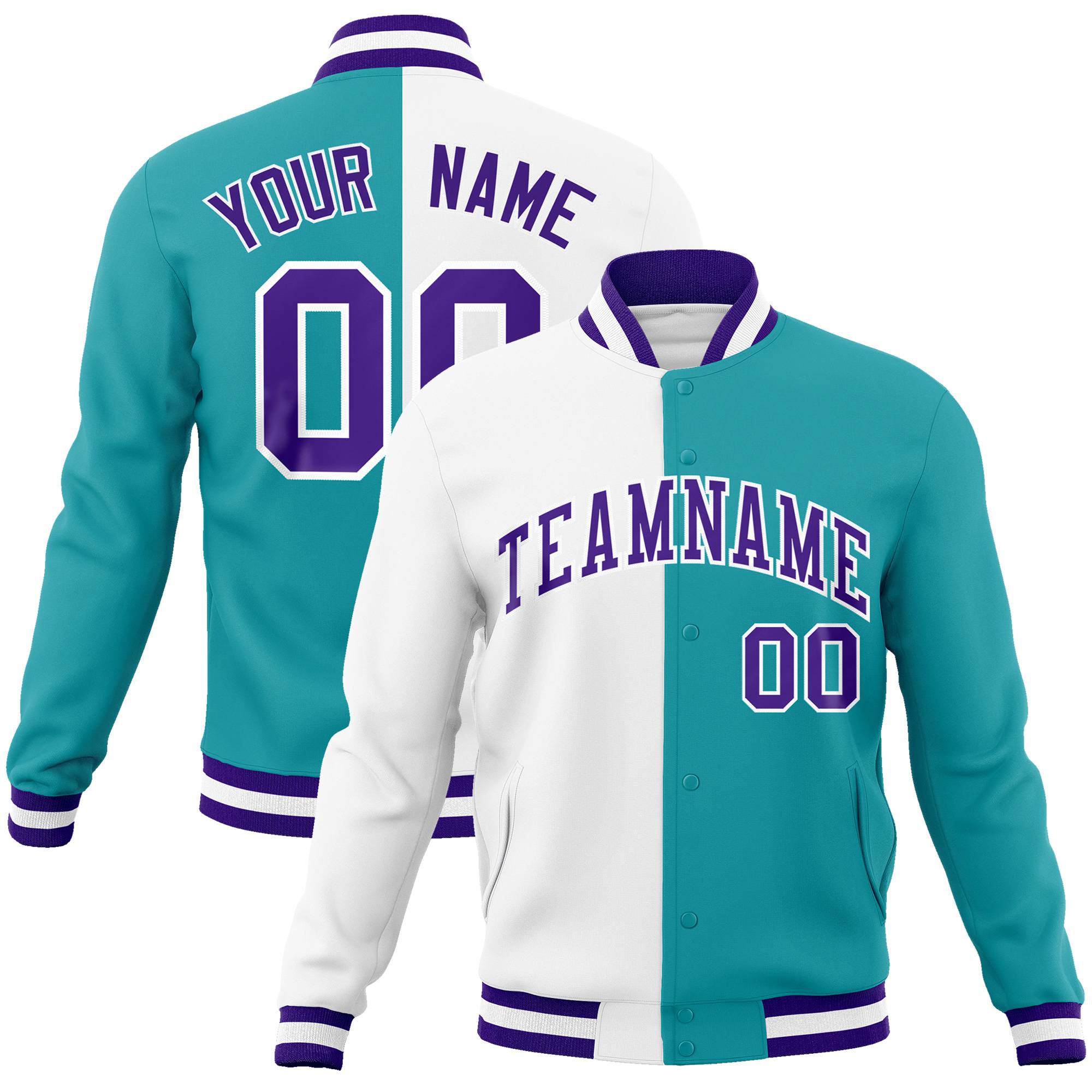 Custom White Aqua Purple Bomber Full-Snap Varsity Letterman Split Fashion Jacket